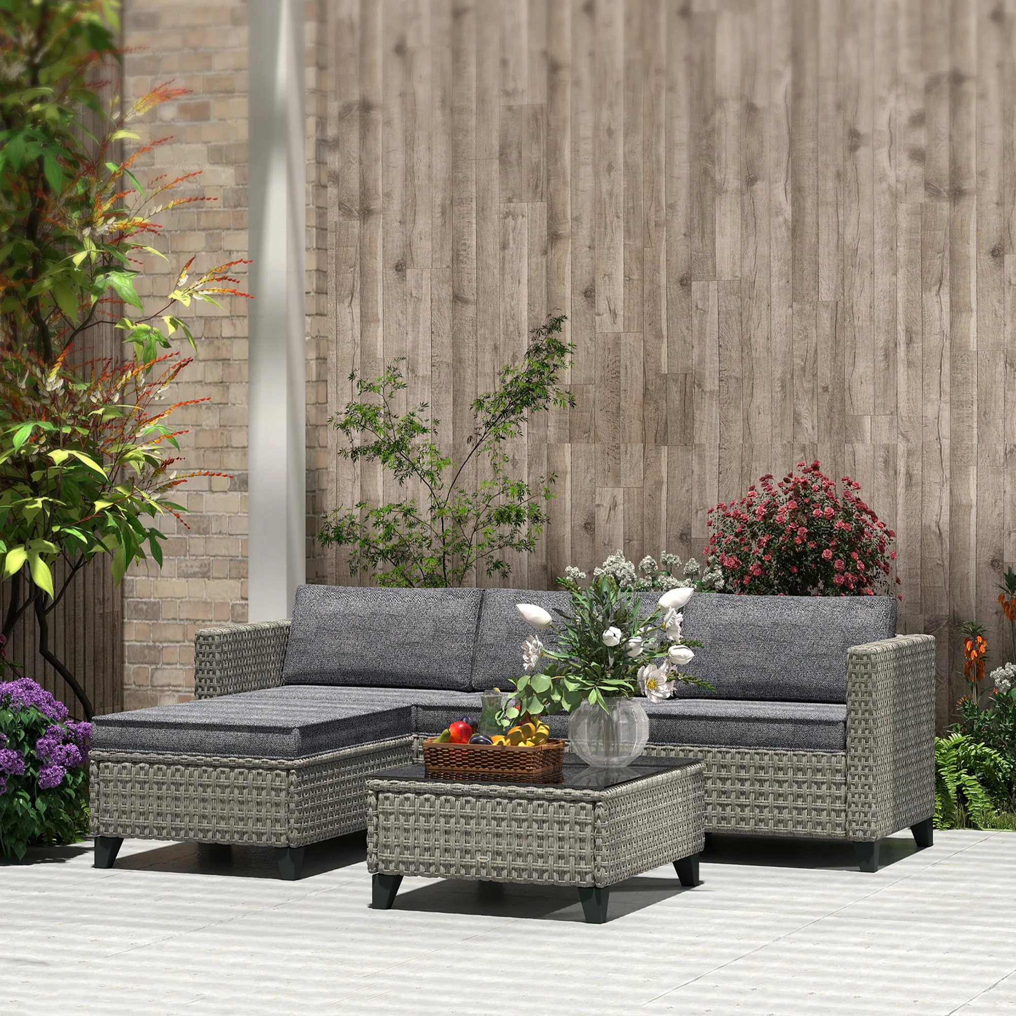 5 Piece PE Rattan Garden Furniture Set with Corner Sofa & Glass Table, Dark Grey - Image 11