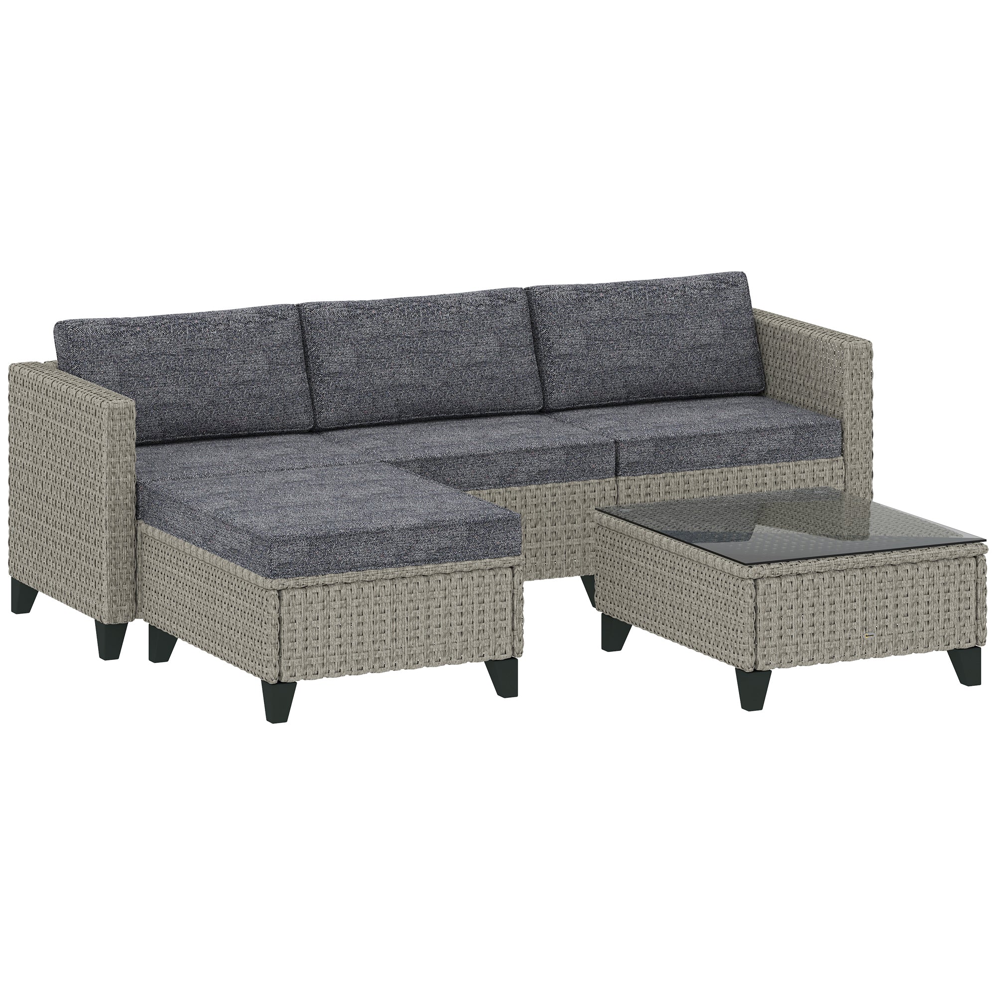 5 Piece PE Rattan Garden Furniture Set with Corner Sofa & Glass Table, Dark Grey - Image 12