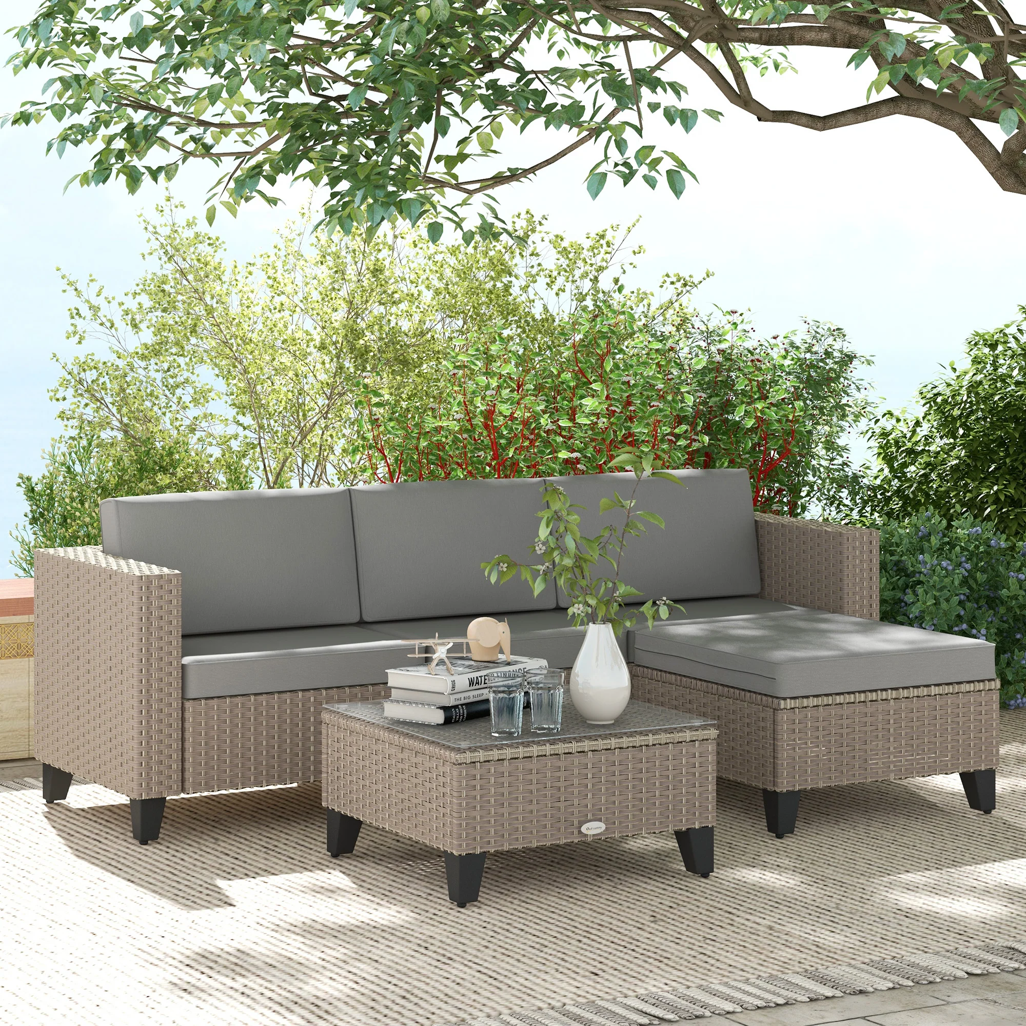 5 Piece PE Rattan Garden Furniture Set with Corner Sofa & Glass Table, Brown - Image 3