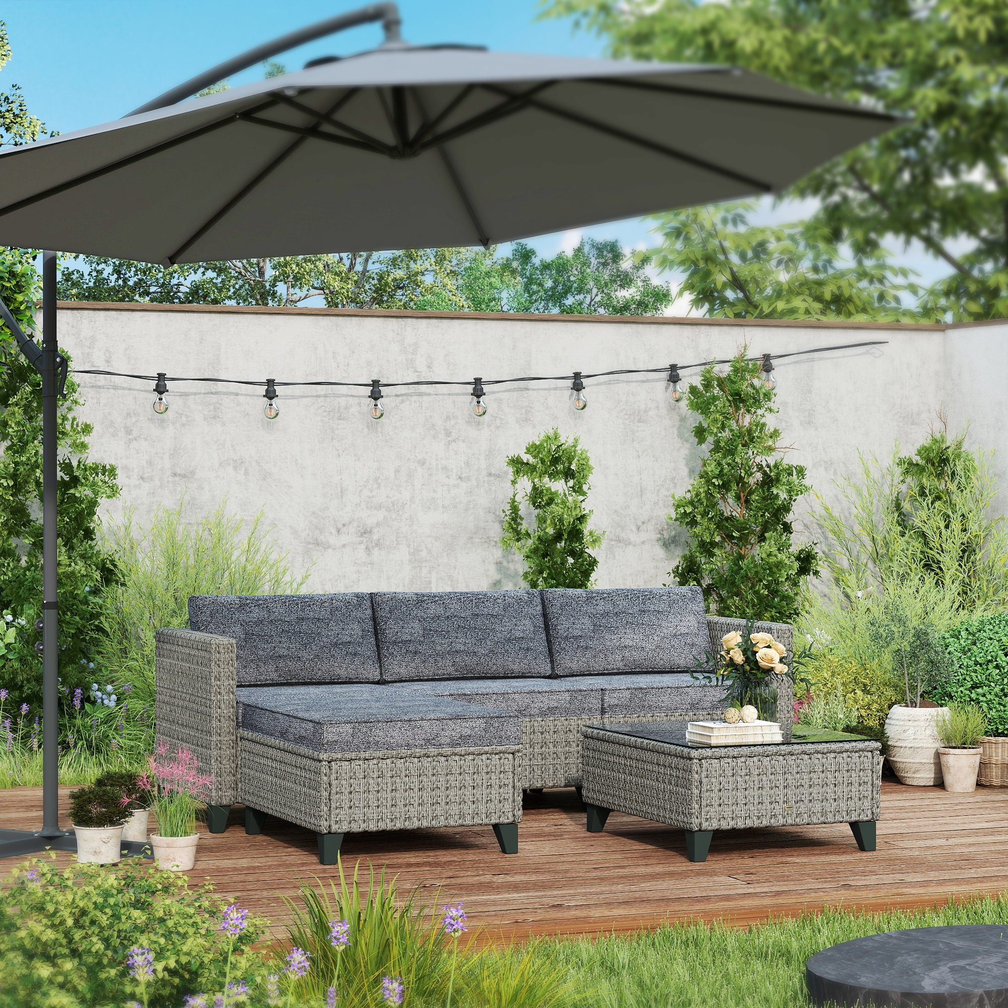 5 Piece PE Rattan Garden Furniture Set with Corner Sofa & Glass Table, Dark Grey - Image 3