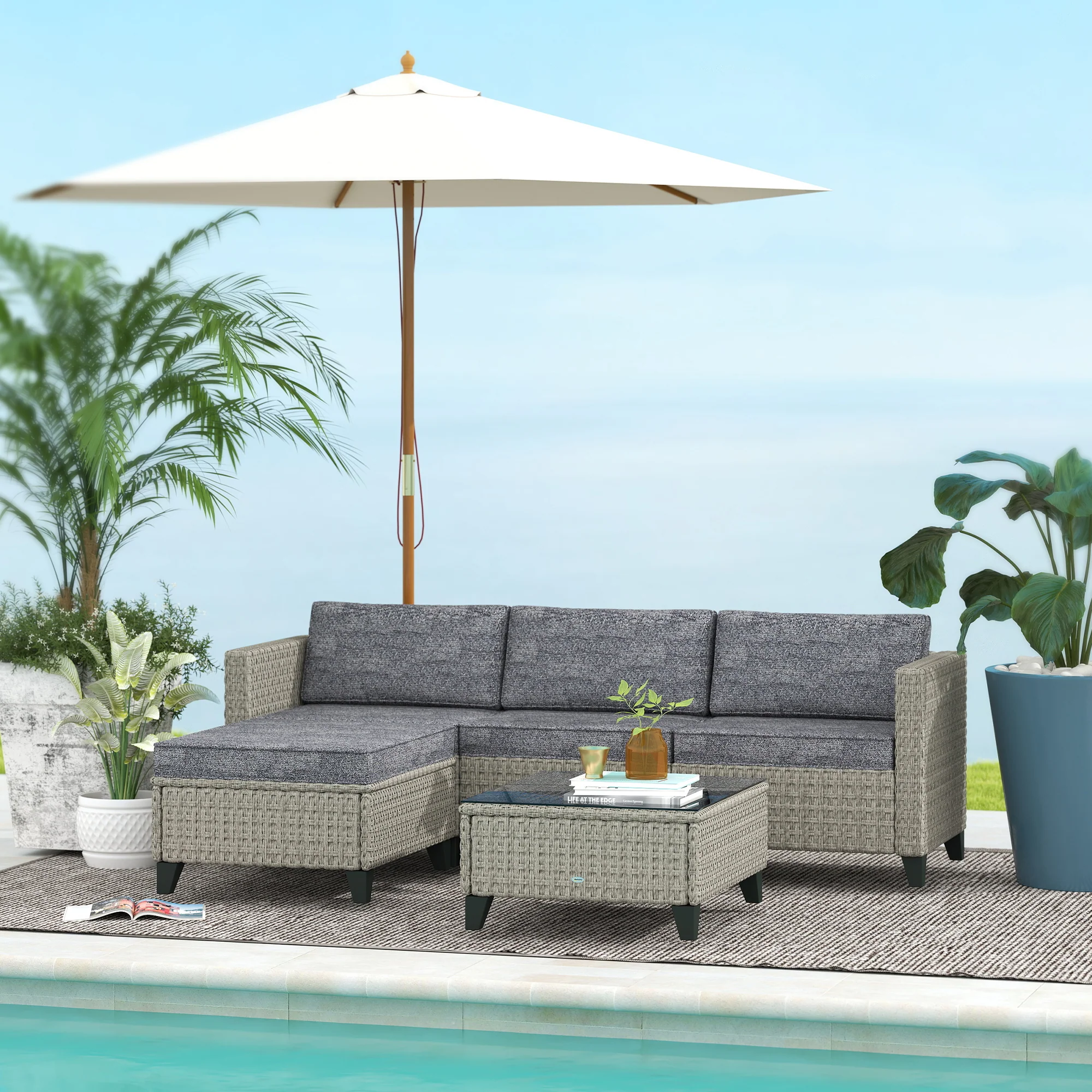 5 Piece PE Rattan Garden Furniture Set with Corner Sofa & Glass Table, Dark Grey - Image 4