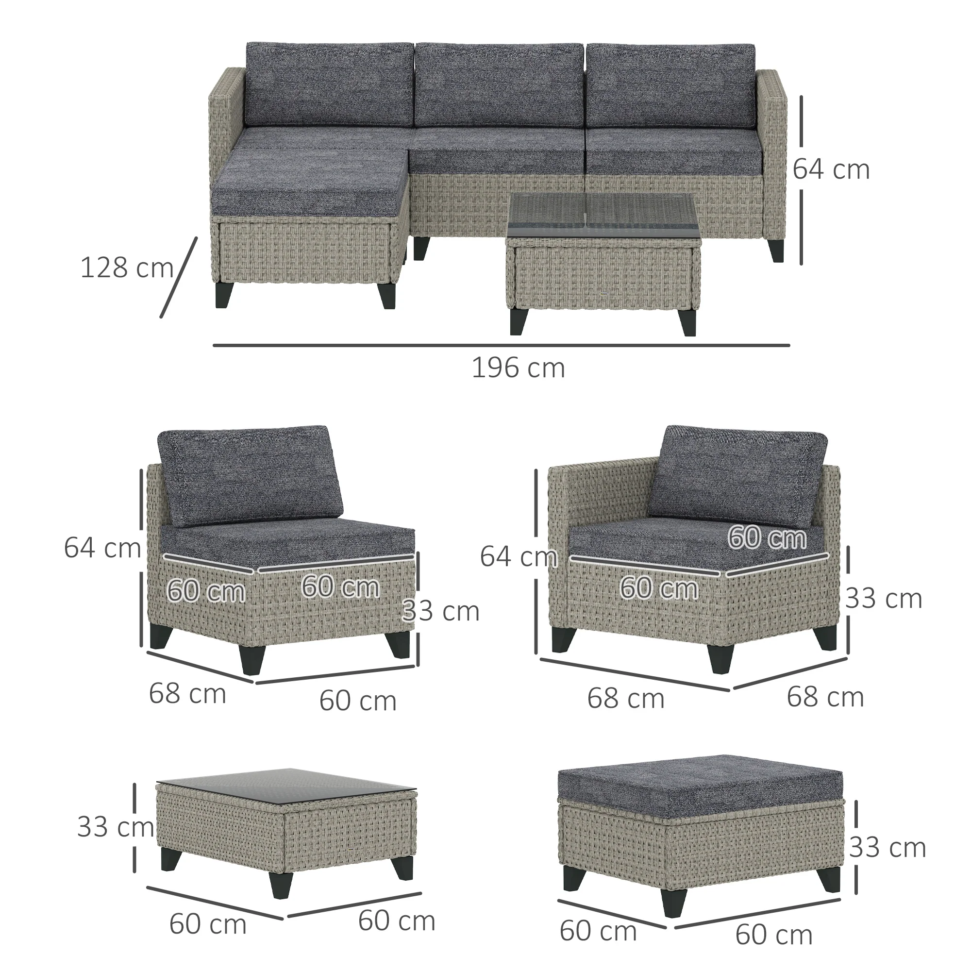 5 Piece PE Rattan Garden Furniture Set with Corner Sofa & Glass Table, Dark Grey - Image 5