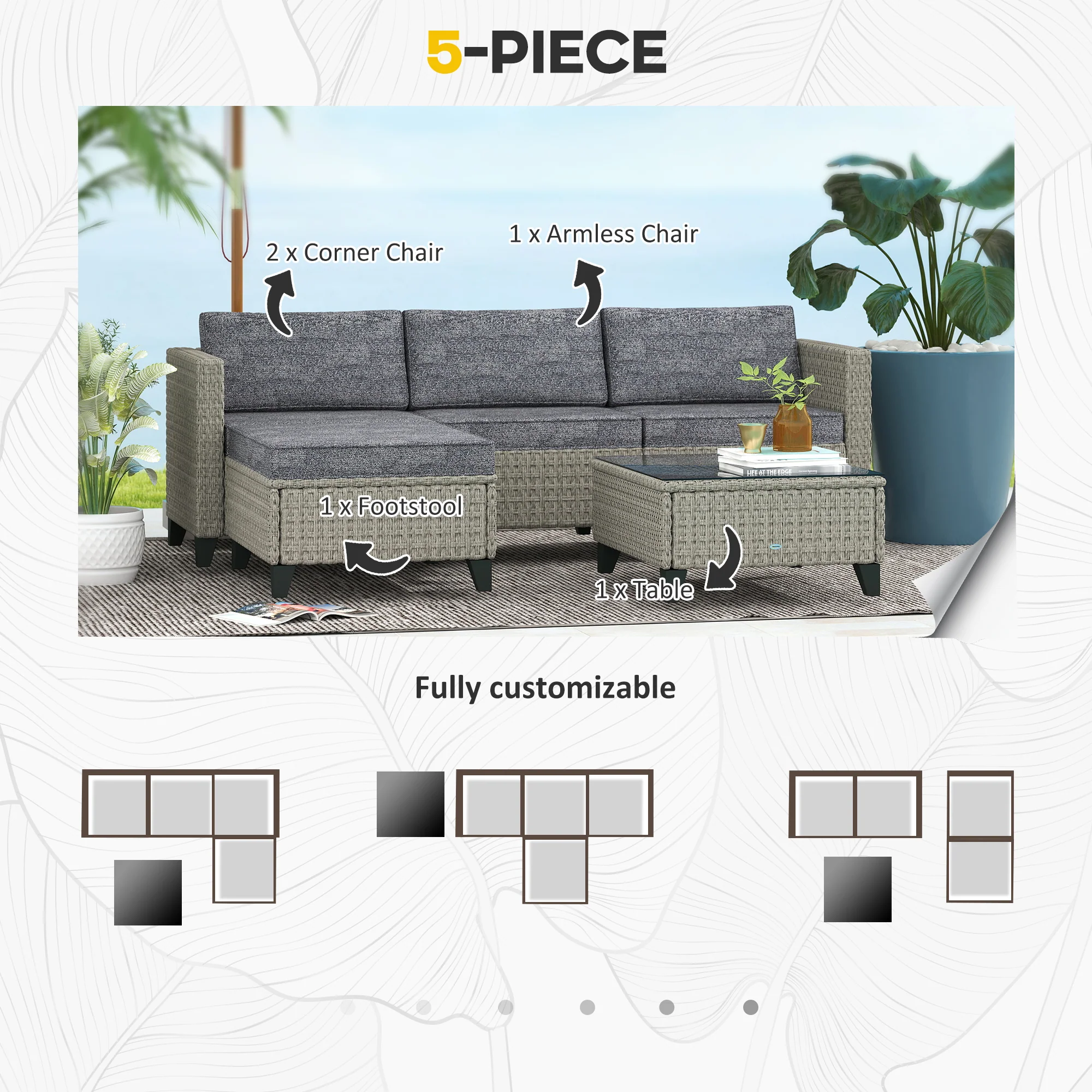 5 Piece PE Rattan Garden Furniture Set with Corner Sofa & Glass Table, Dark Grey - Image 6
