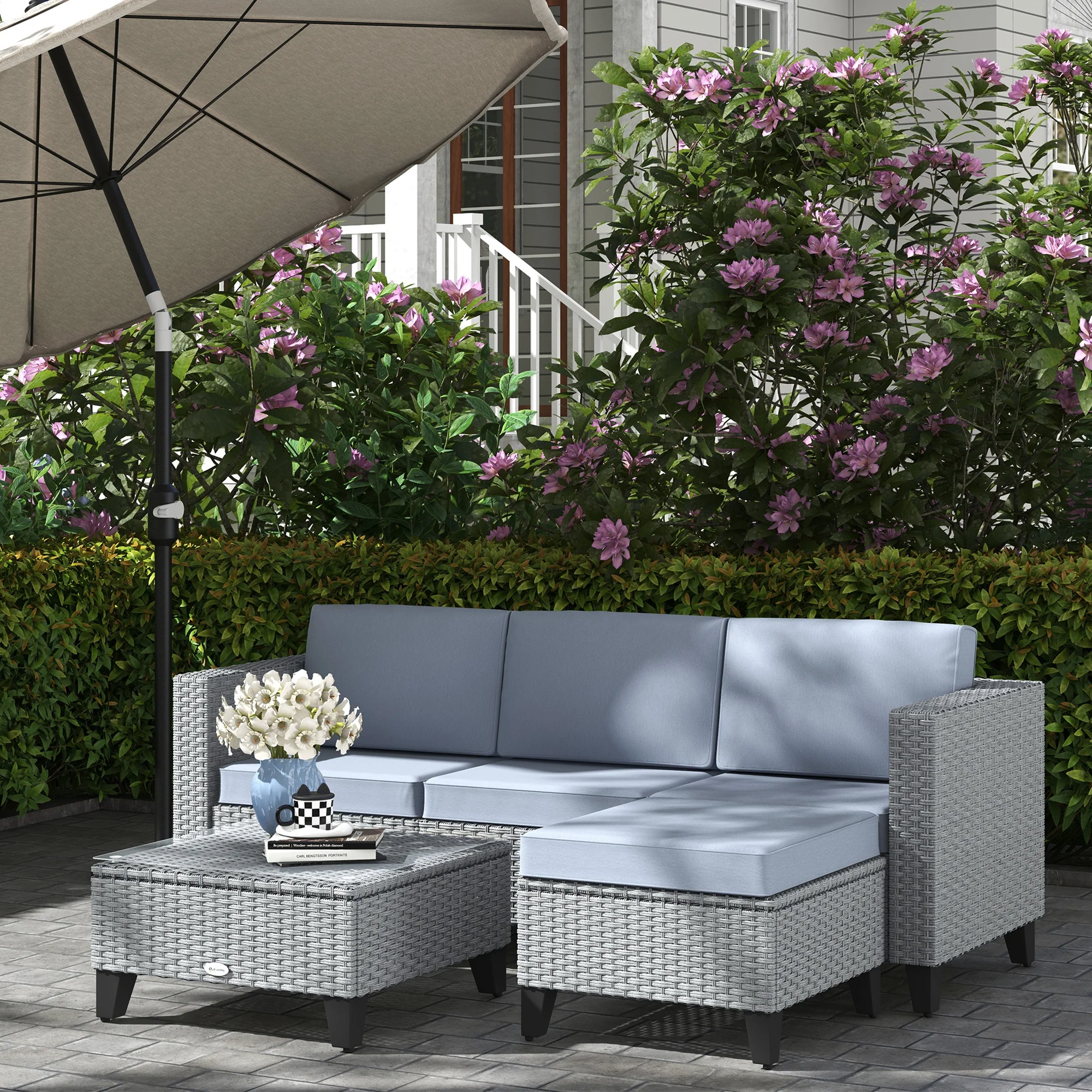 5 Piece PE Rattan Garden Furniture Set with Corner Sofa & Glass Table, Grey - Image 4