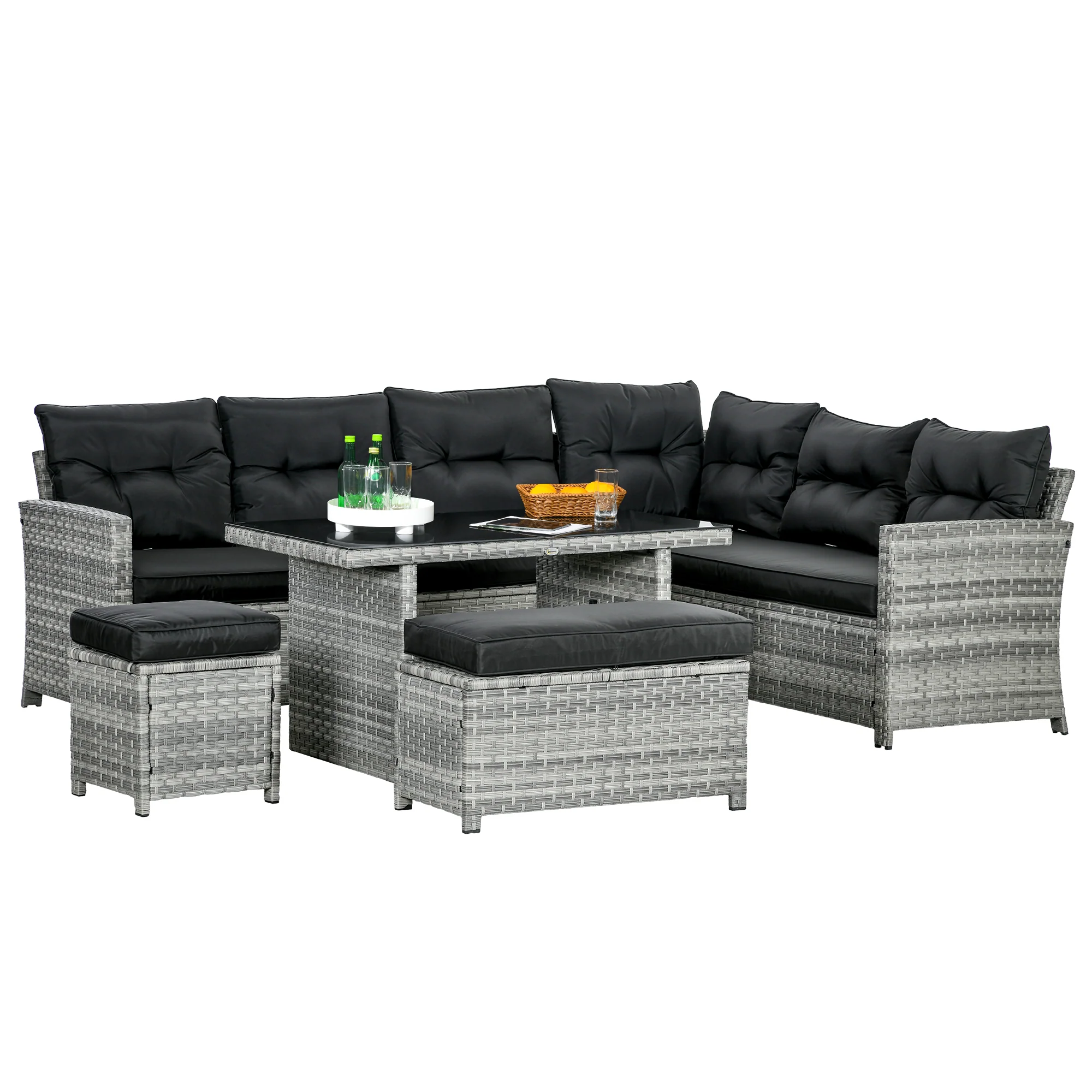 5 Pieces Rattan Garden Furniture Set with Corner Sofa, Glass Table & 2 Stools, Mixed Grey