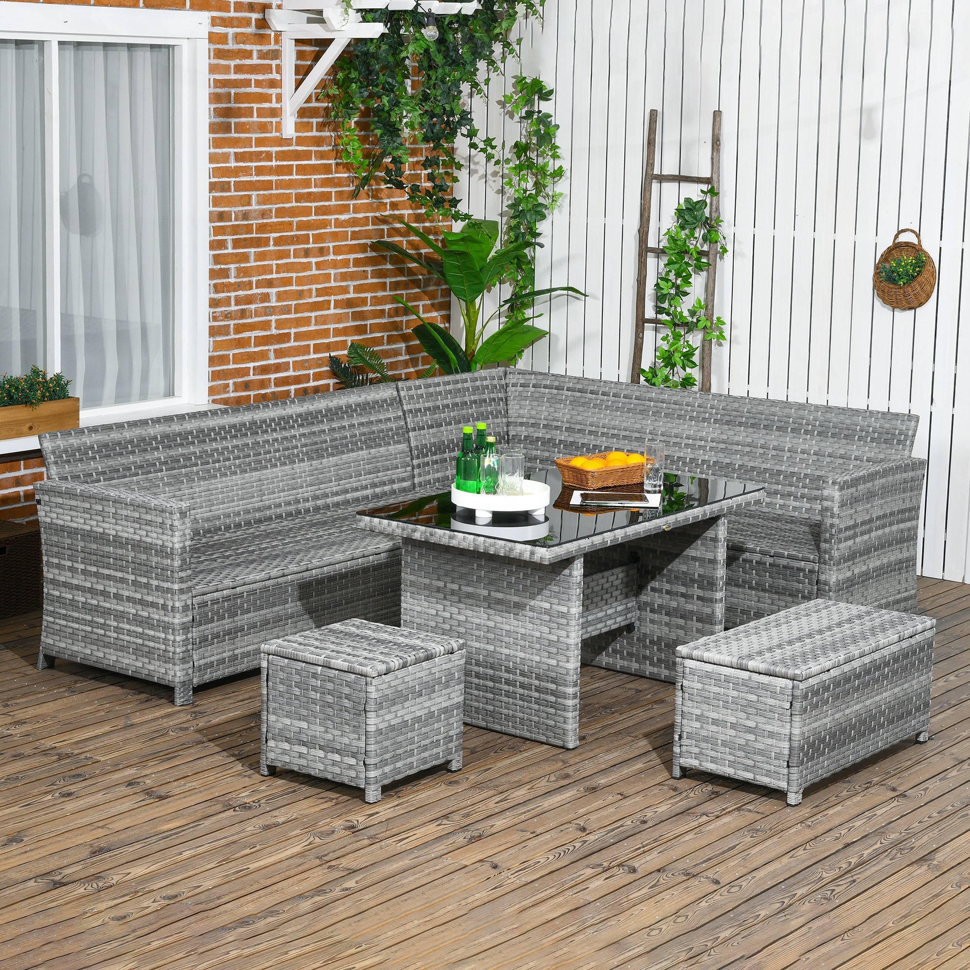 5 Pieces Rattan Garden Furniture Set with Corner Sofa, Glass Table & 2 Stools, Mixed Grey - Image 10