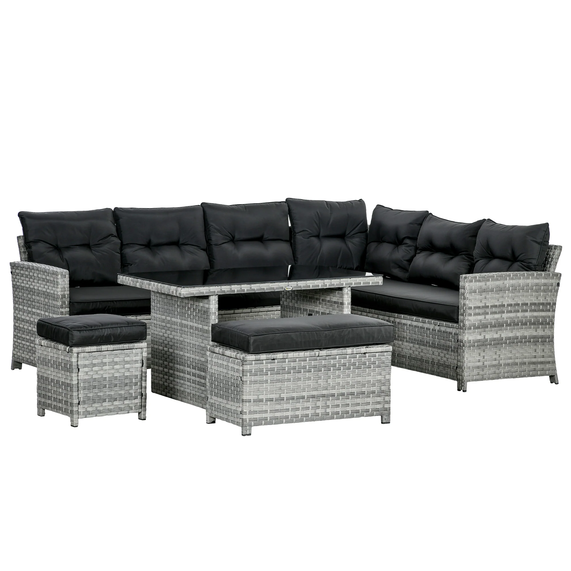 5 Pieces Rattan Garden Furniture Set with Corner Sofa, Glass Table & 2 Stools, Mixed Grey - Image 12