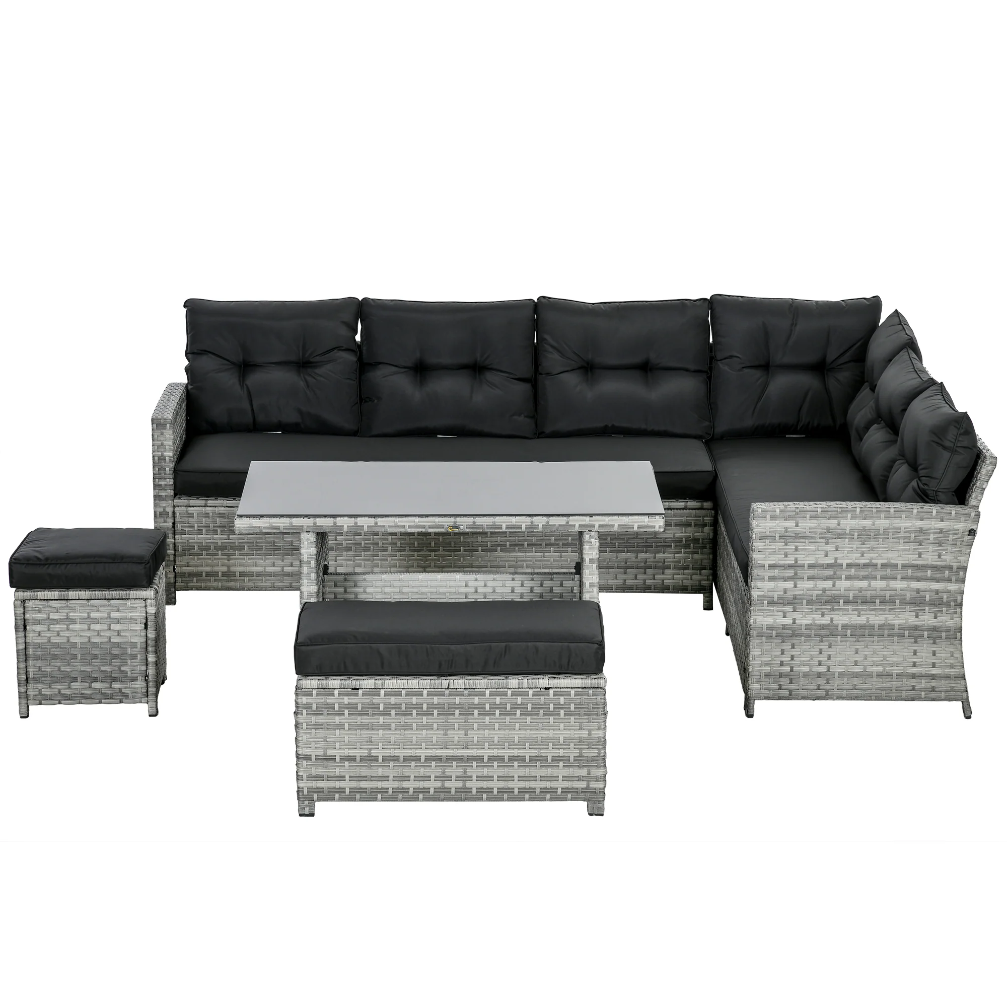 5 Pieces Rattan Garden Furniture Set with Corner Sofa, Glass Table & 2 Stools, Mixed Grey - Image 2