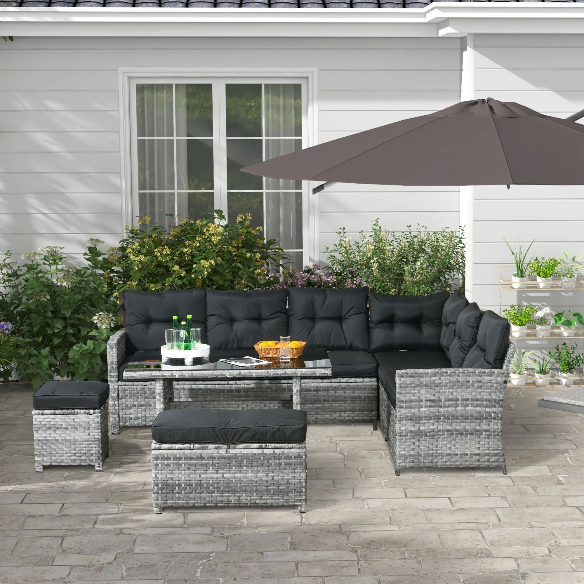 5 Pieces Rattan Garden Furniture Set with Corner Sofa, Glass Table & 2 Stools, Mixed Grey - Image 3