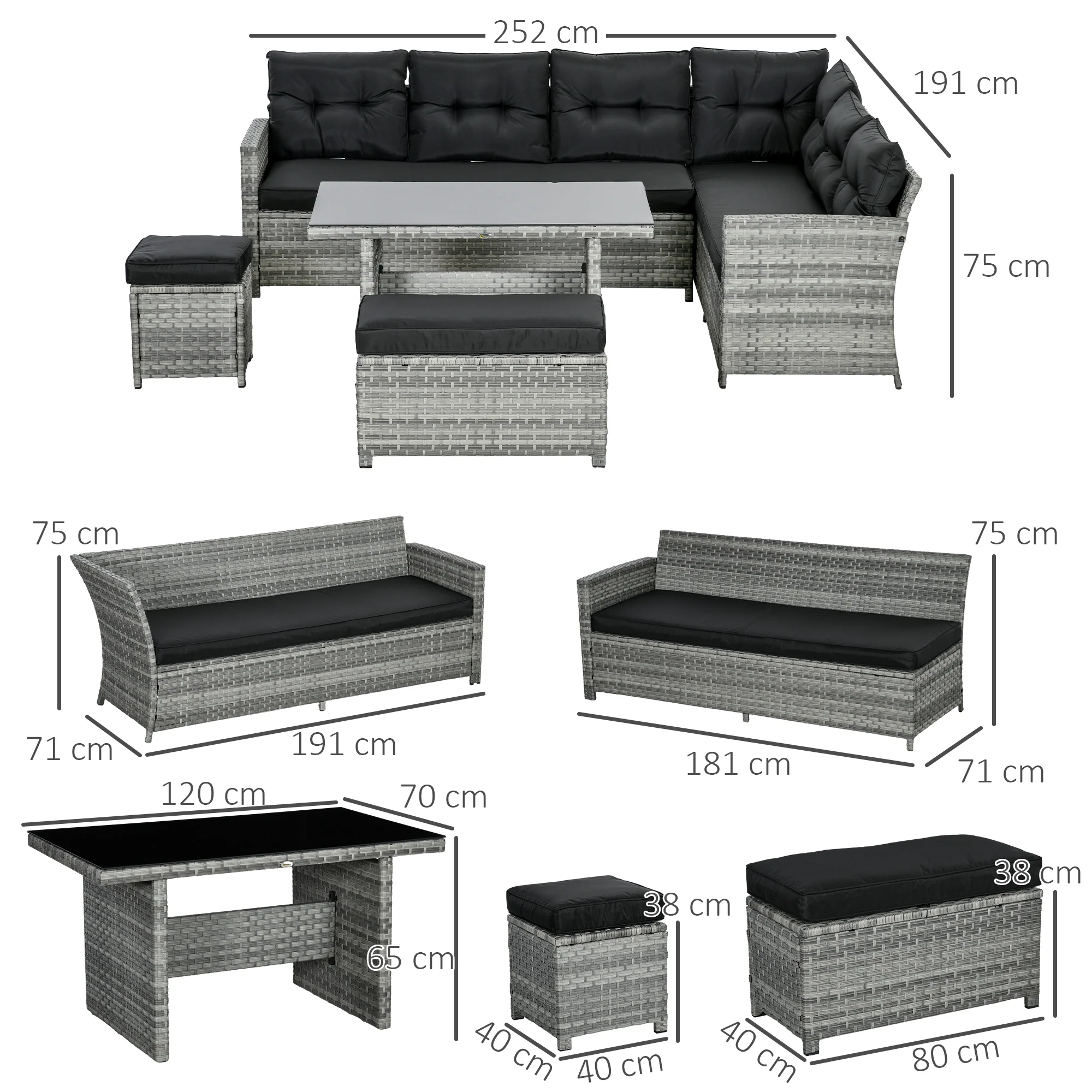 5 Pieces Rattan Garden Furniture Set with Corner Sofa, Glass Table & 2 Stools, Mixed Grey - Image 5