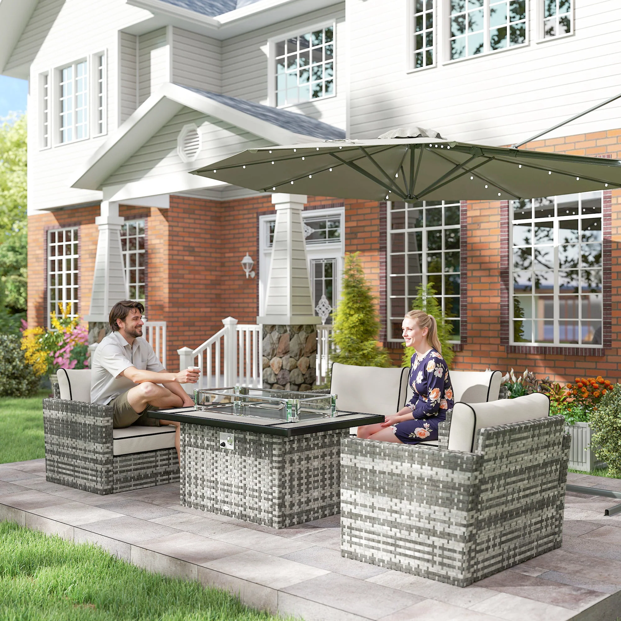 5 Pieces PE Rattan Garden Sofa Set with Gas Fire Pit Table, Loveseat & Armchairs, Grey - Image 11