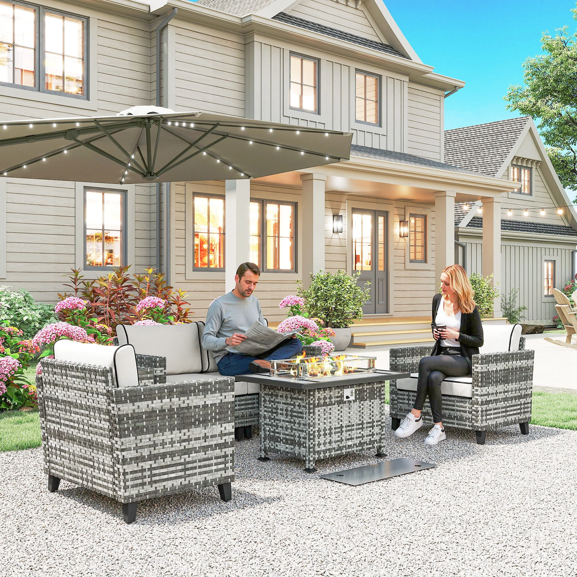 5 Pieces PE Rattan Garden Sofa Set with Gas Fire Pit Table, Loveseat & Armchairs, Grey - Image 3