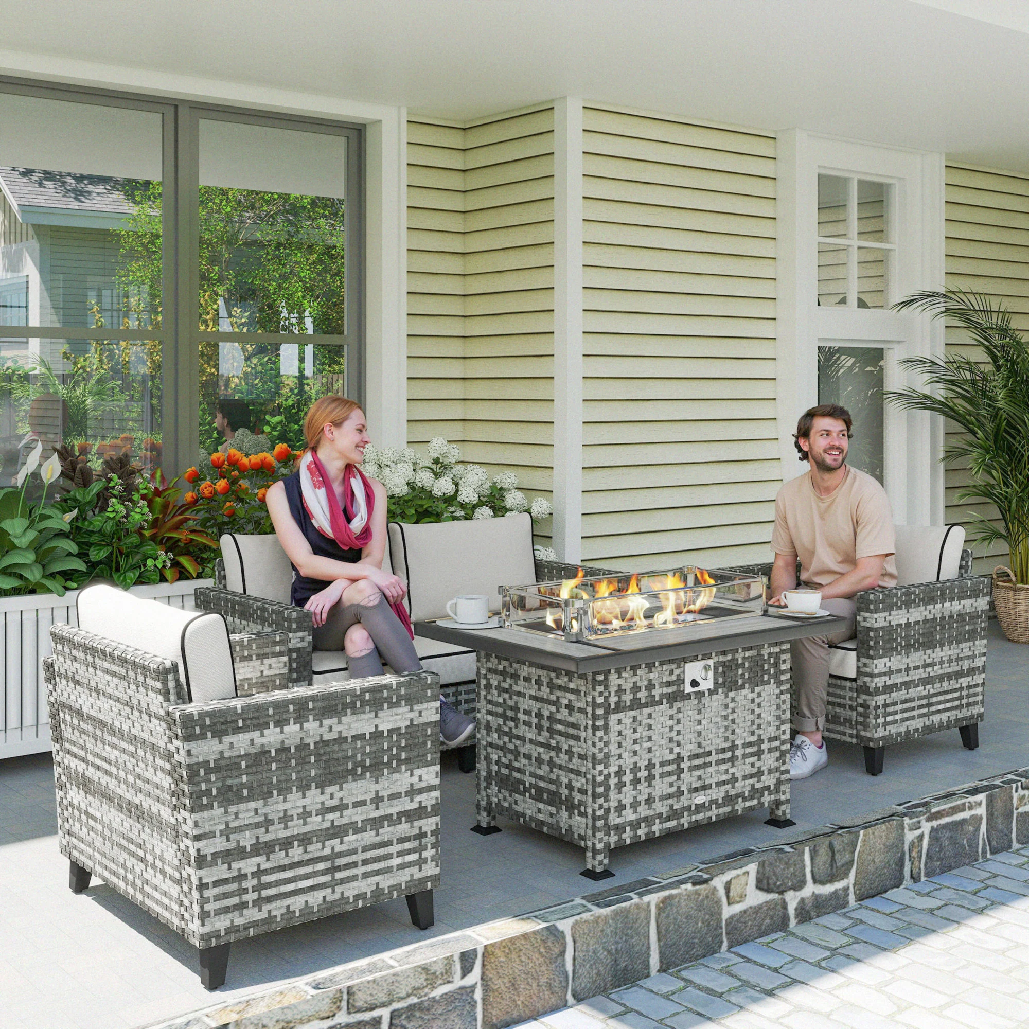 5 Pieces PE Rattan Garden Sofa Set with Gas Fire Pit Table, Loveseat & Armchairs, Grey - Image 4