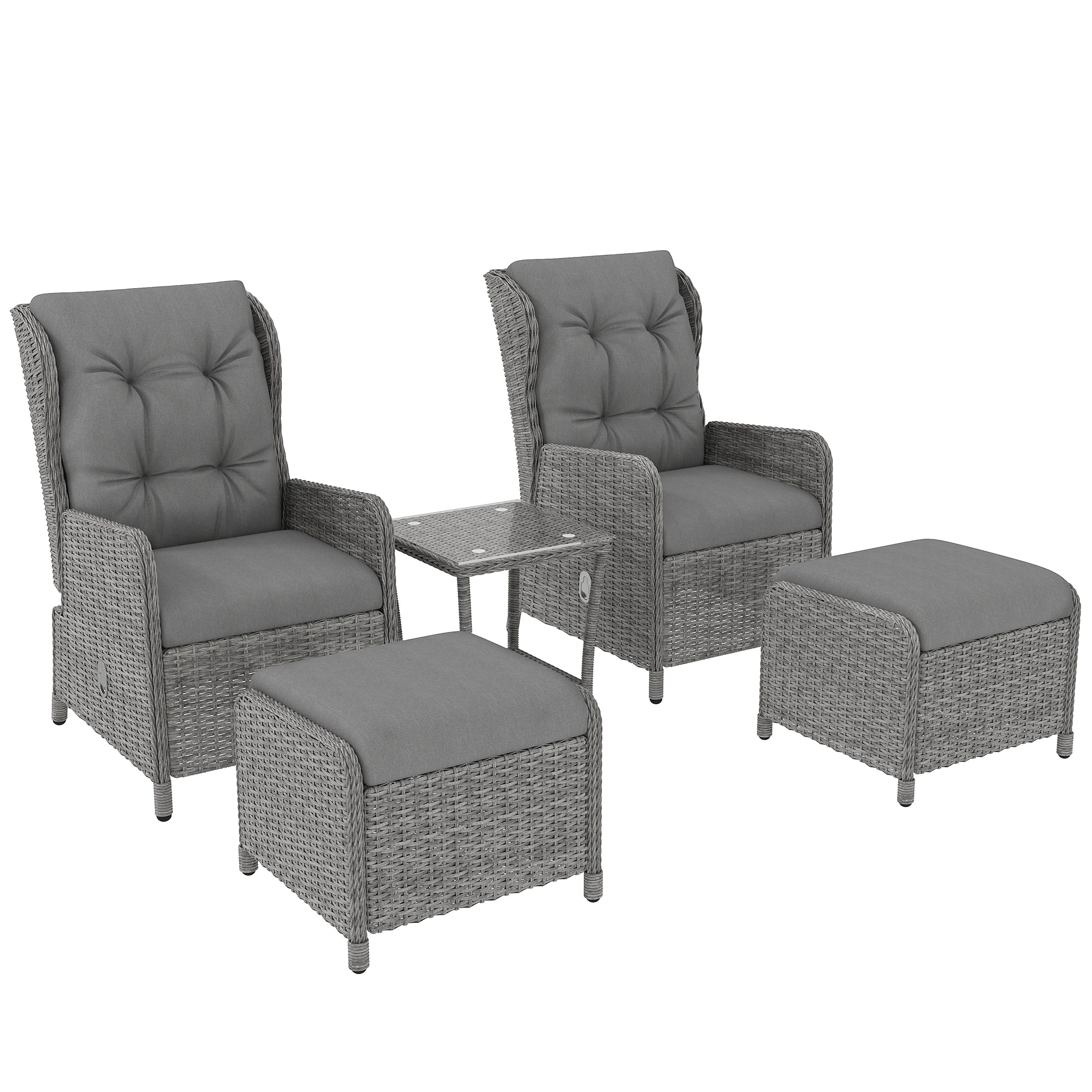 5 Pieces Rattan Bistro Set with Adjustable Back, Coffee Table and Footstools, Light Grey