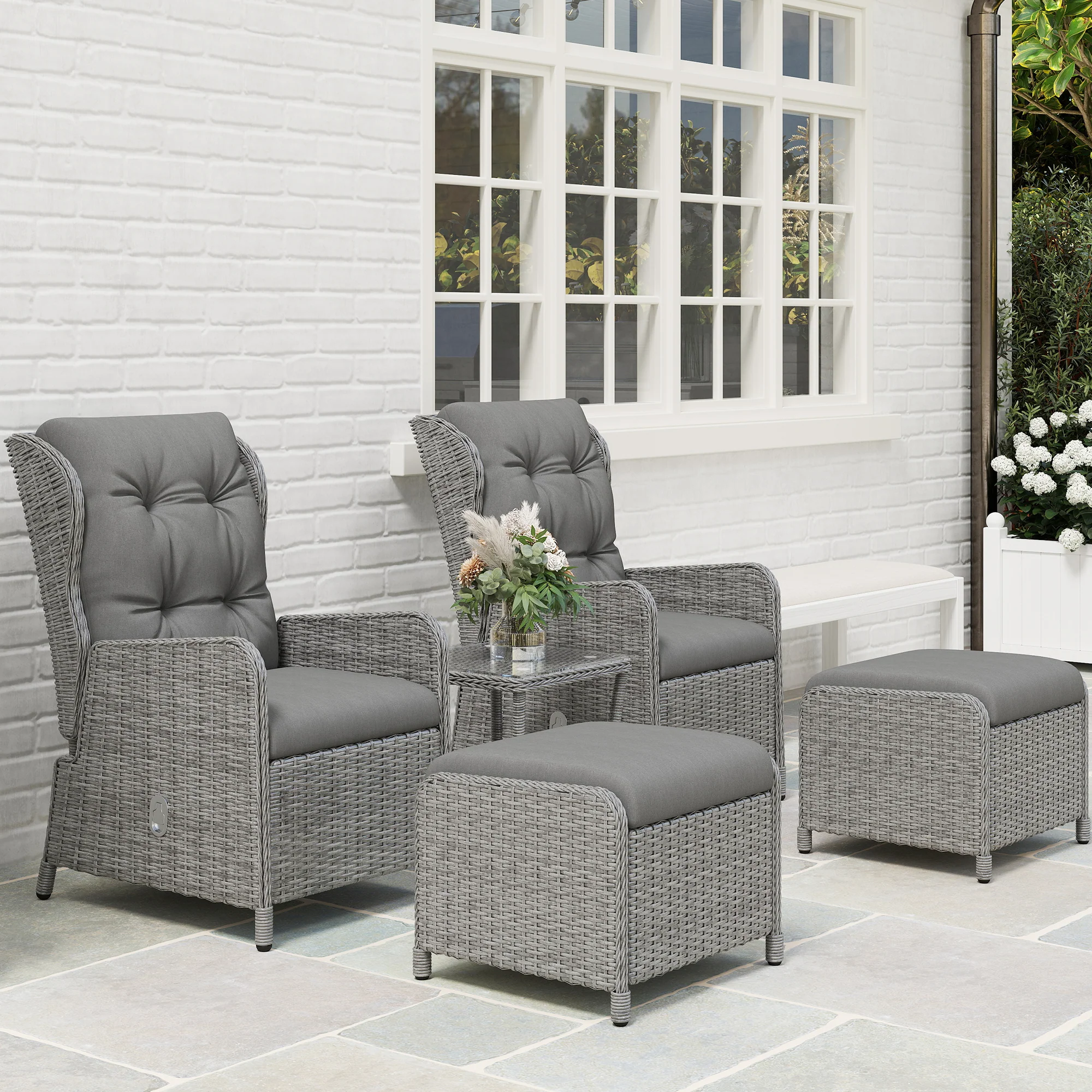 5 Pieces Rattan Bistro Set with Adjustable Back, Coffee Table and Footstools, Light Grey - Image 10
