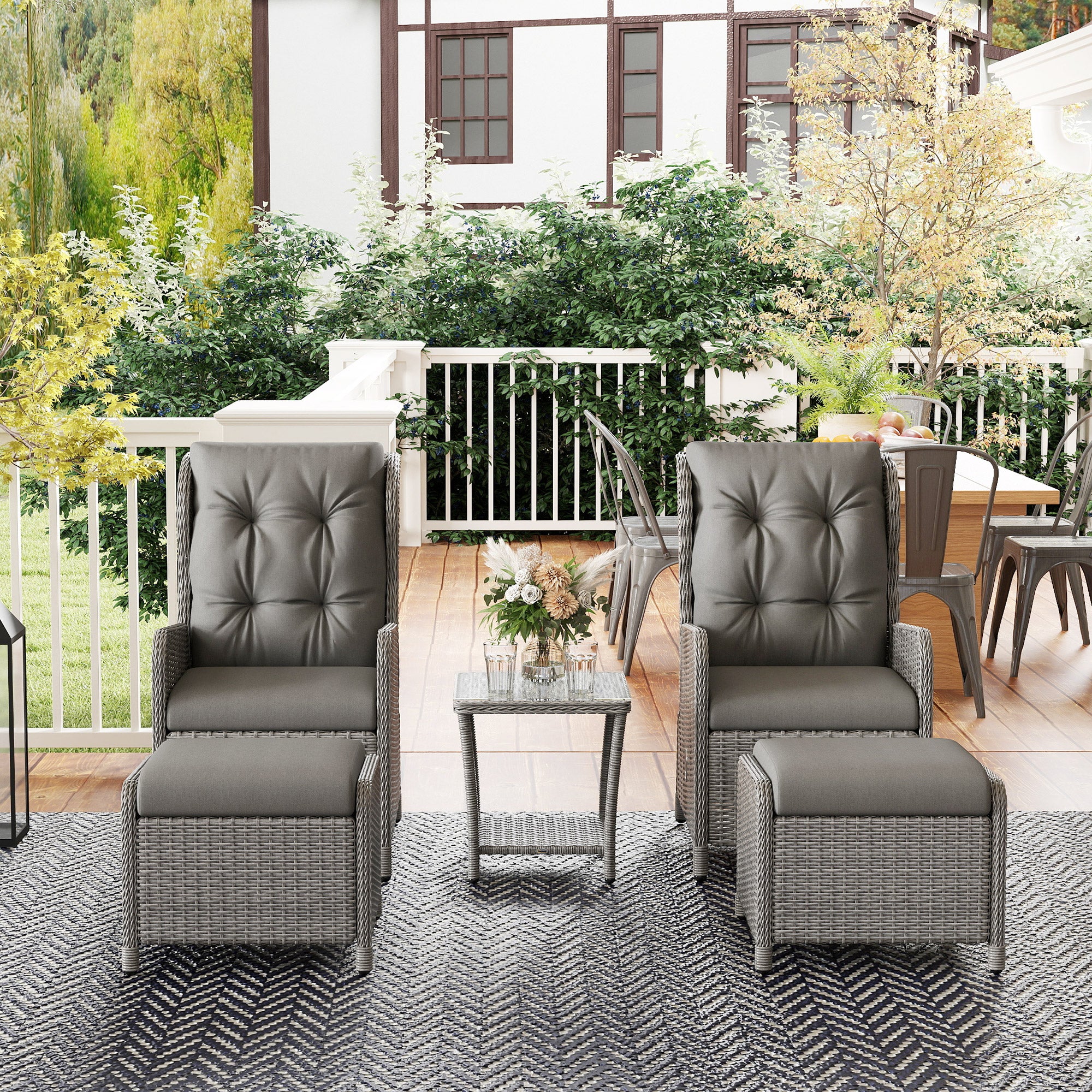 5 Pieces Rattan Bistro Set with Adjustable Back, Coffee Table and Footstools, Light Grey - Image 11