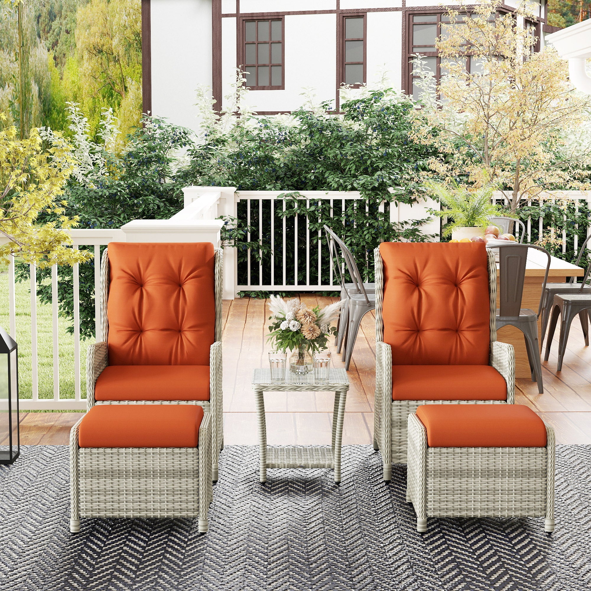 5 Pieces Rattan Bistro Set with Adjustable Back, Coffee Table and Footstools, Orange - Image 11