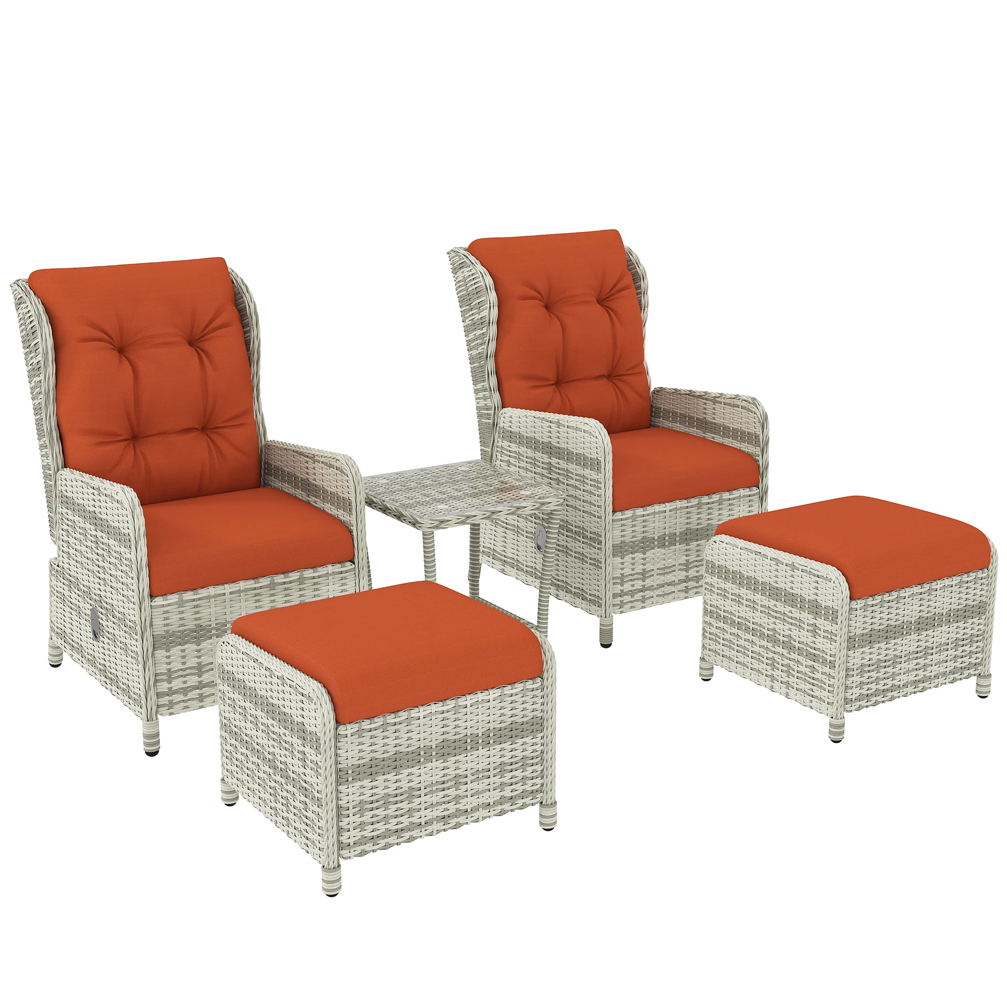 5 Pieces Rattan Bistro Set with Adjustable Back, Coffee Table and Footstools, Orange - Image 12