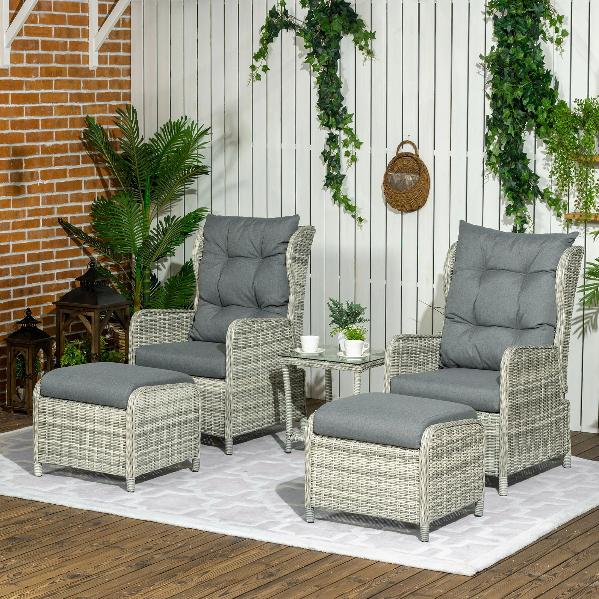 5 Pieces Rattan Bistro Set with Adjustable Back, Coffee Table and Footstools, Grey - Image 3