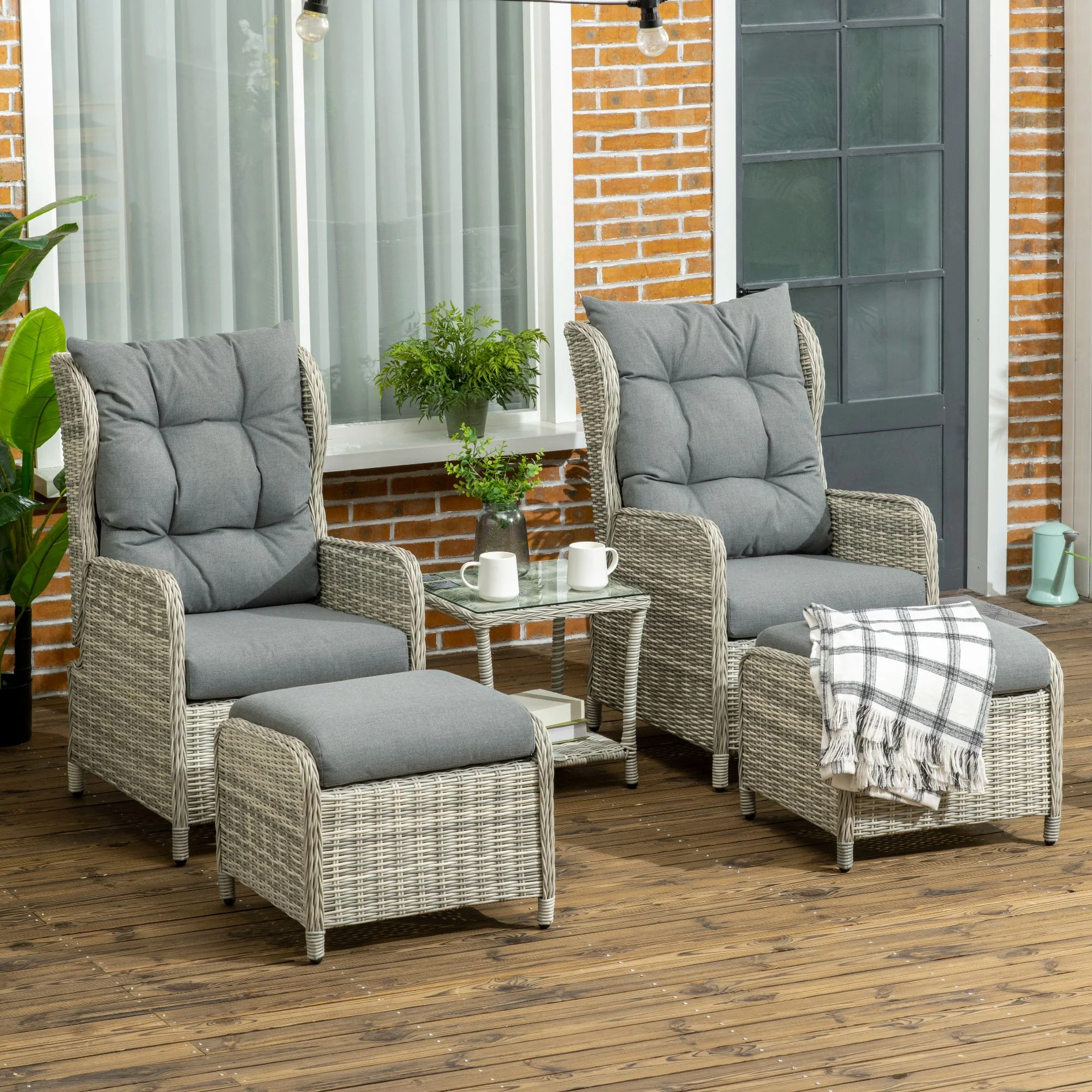 5 Pieces Rattan Bistro Set with Adjustable Back, Coffee Table and Footstools, Grey - Image 4