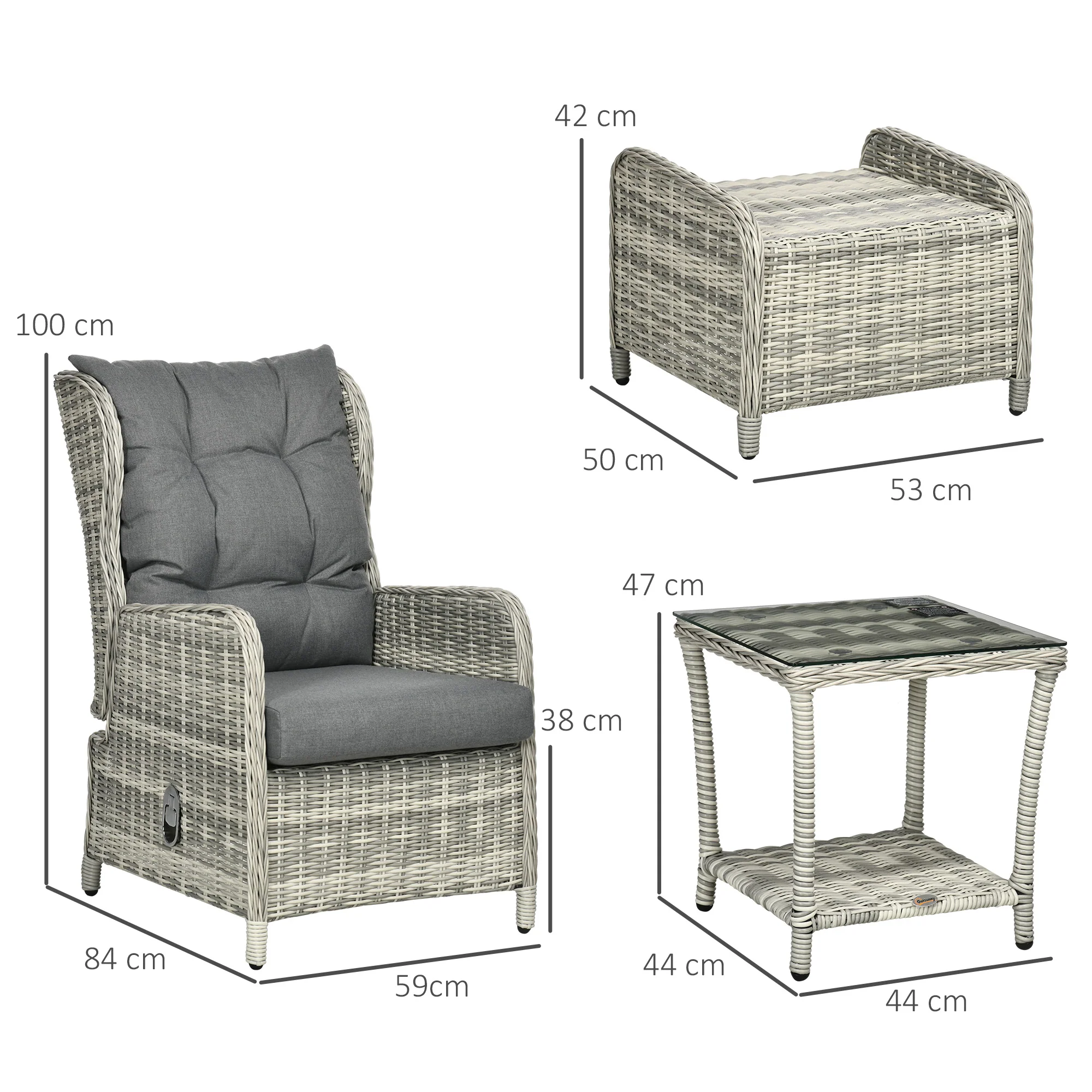 5 Pieces Rattan Bistro Set with Adjustable Back, Coffee Table and Footstools, Grey - Image 5