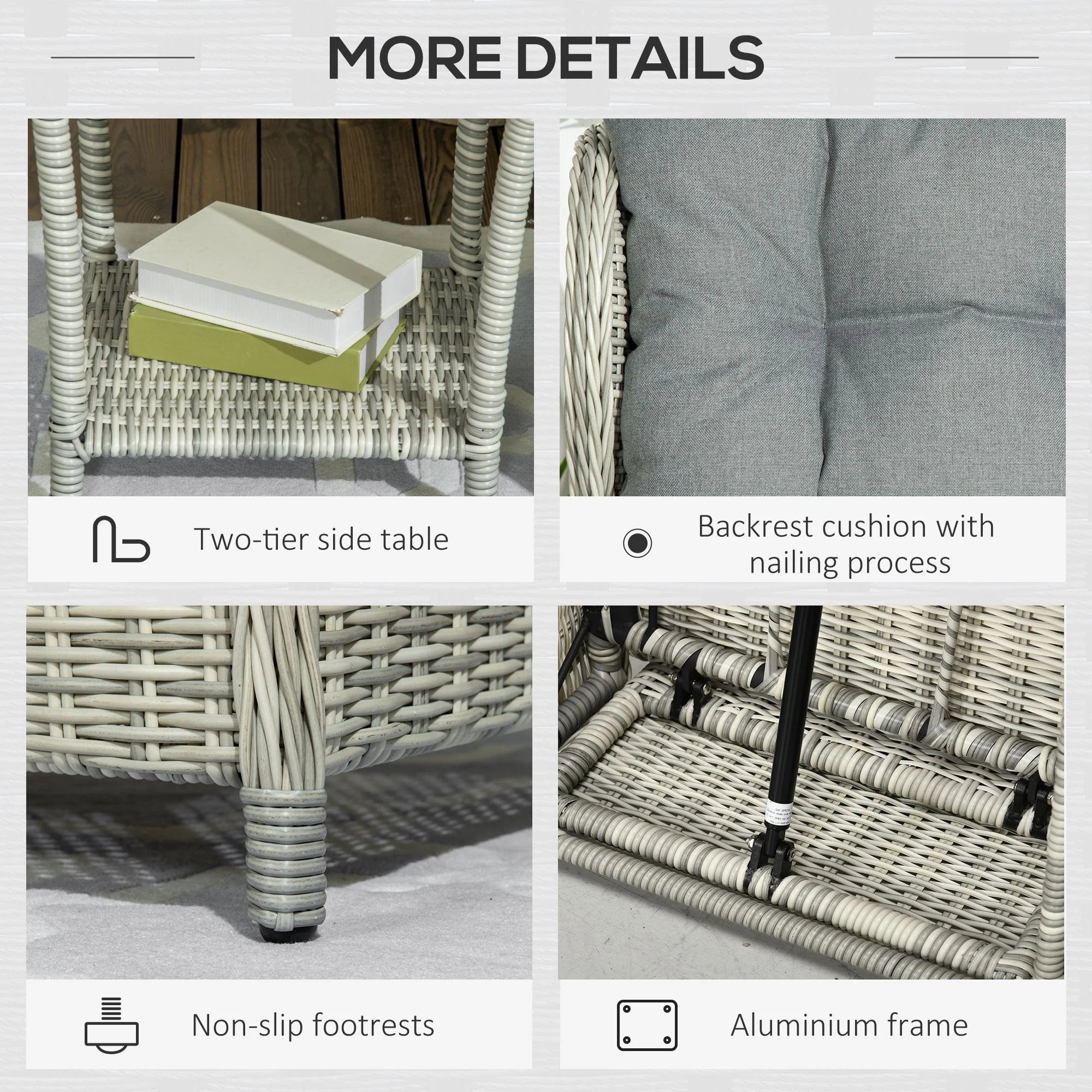 5 Pieces Rattan Bistro Set with Adjustable Back, Coffee Table and Footstools, Grey - Image 9