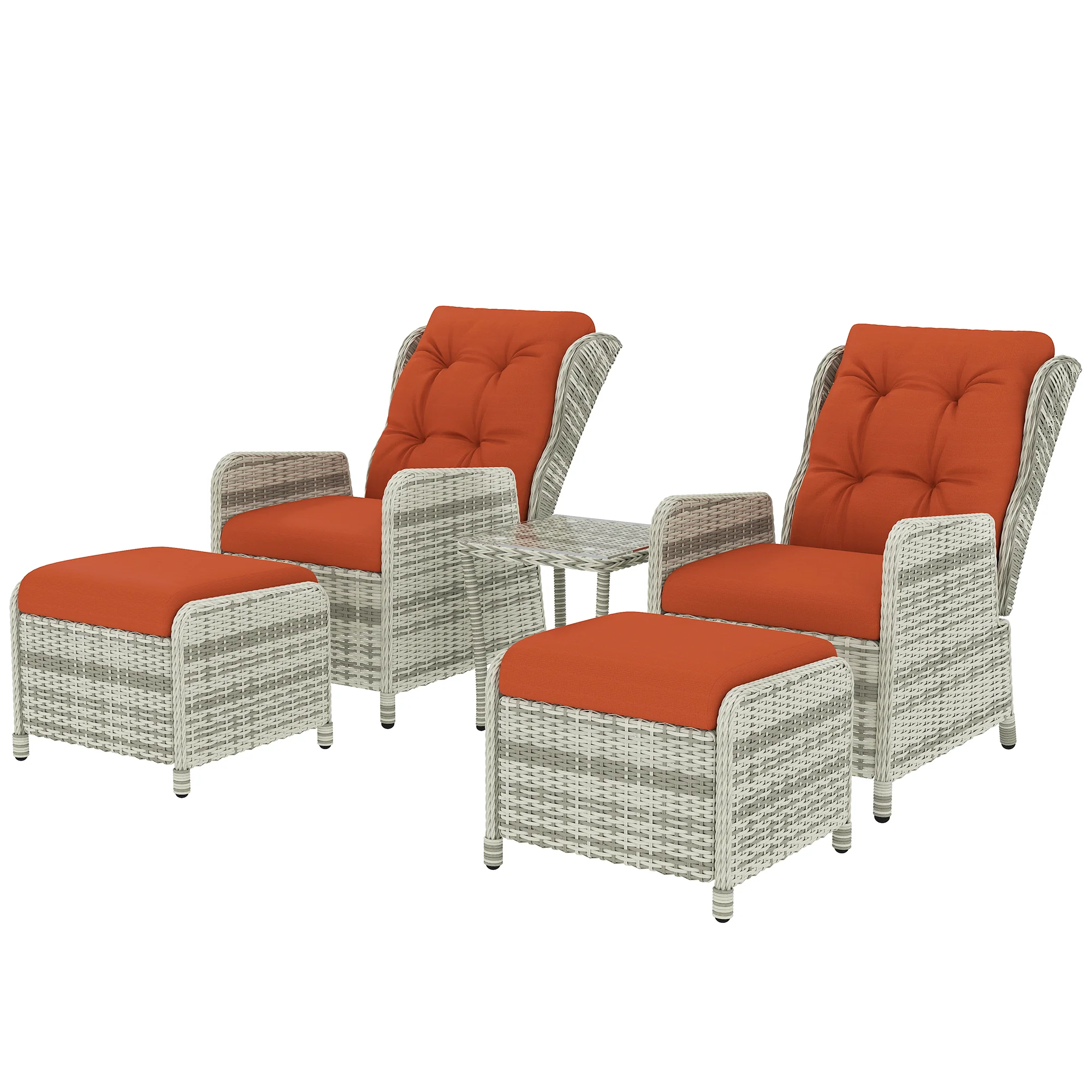 5 Pieces Rattan Bistro Set with Adjustable Back, Coffee Table and Footstools, Orange - Image 2