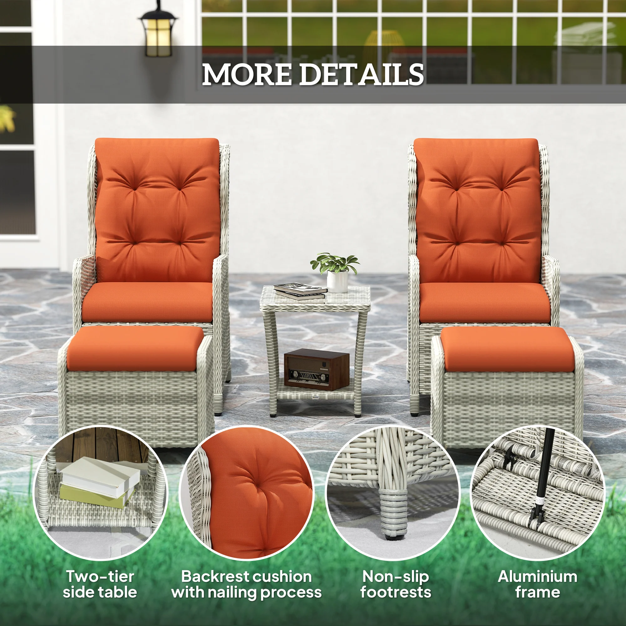 5 Pieces Rattan Bistro Set with Adjustable Back, Coffee Table and Footstools, Orange - Image 9