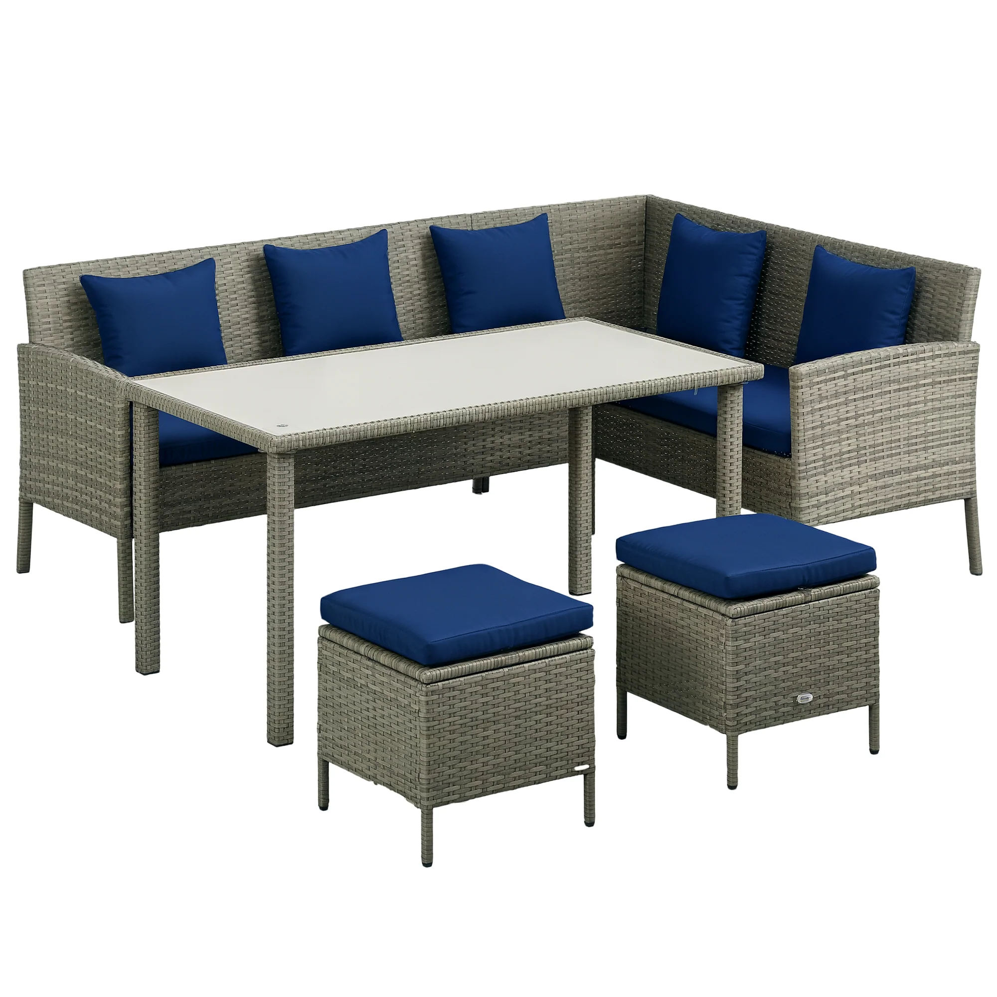 5 Piece Rattan Garden Furniture Set, 6 Seater Corner Dining Set, Dark Blue