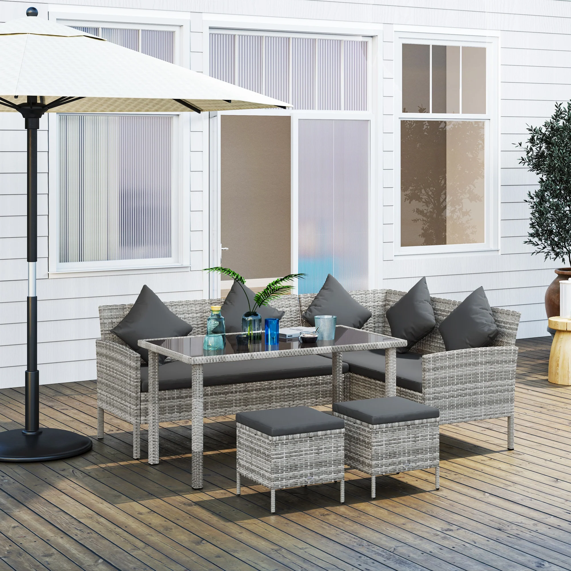 5 Piece Rattan Garden Furniture Set, 6 Seater Corner Dining Set, Dark Grey - Image 3