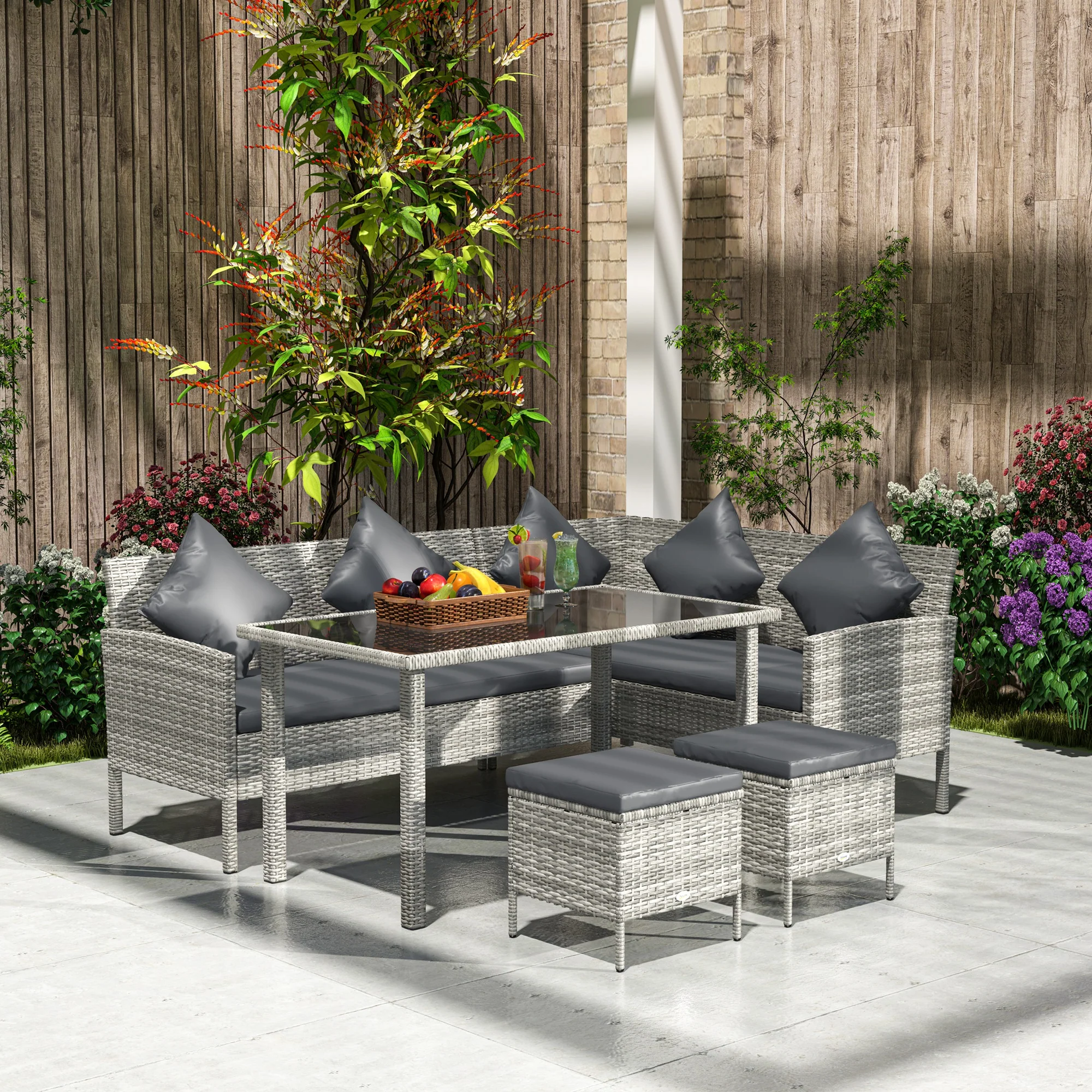 5 Piece Rattan Garden Furniture Set, 6 Seater Corner Dining Set, Dark Grey - Image 4