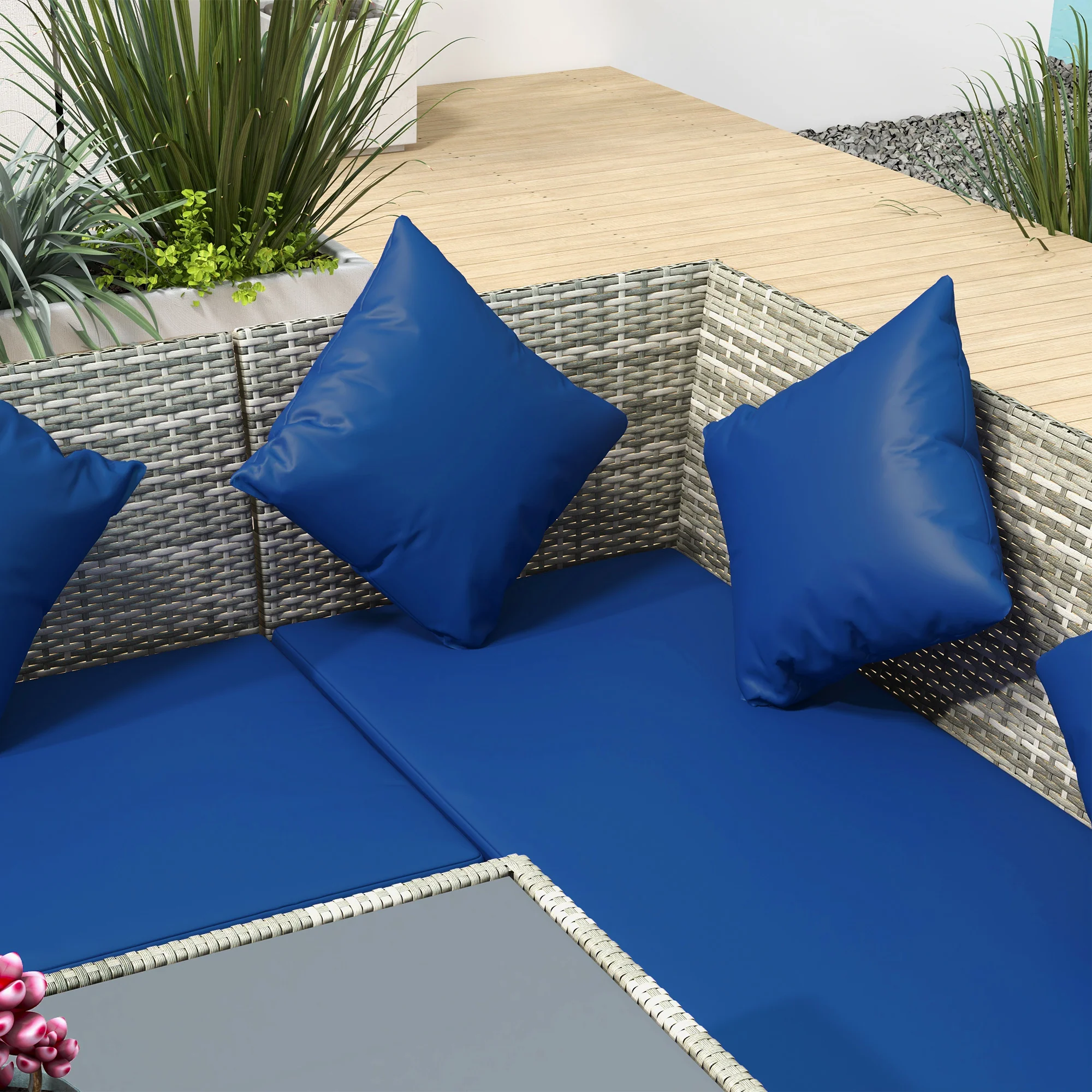 5 Piece Rattan Garden Furniture Set, 6 Seater Corner Dining Set, Dark Blue - Image 10