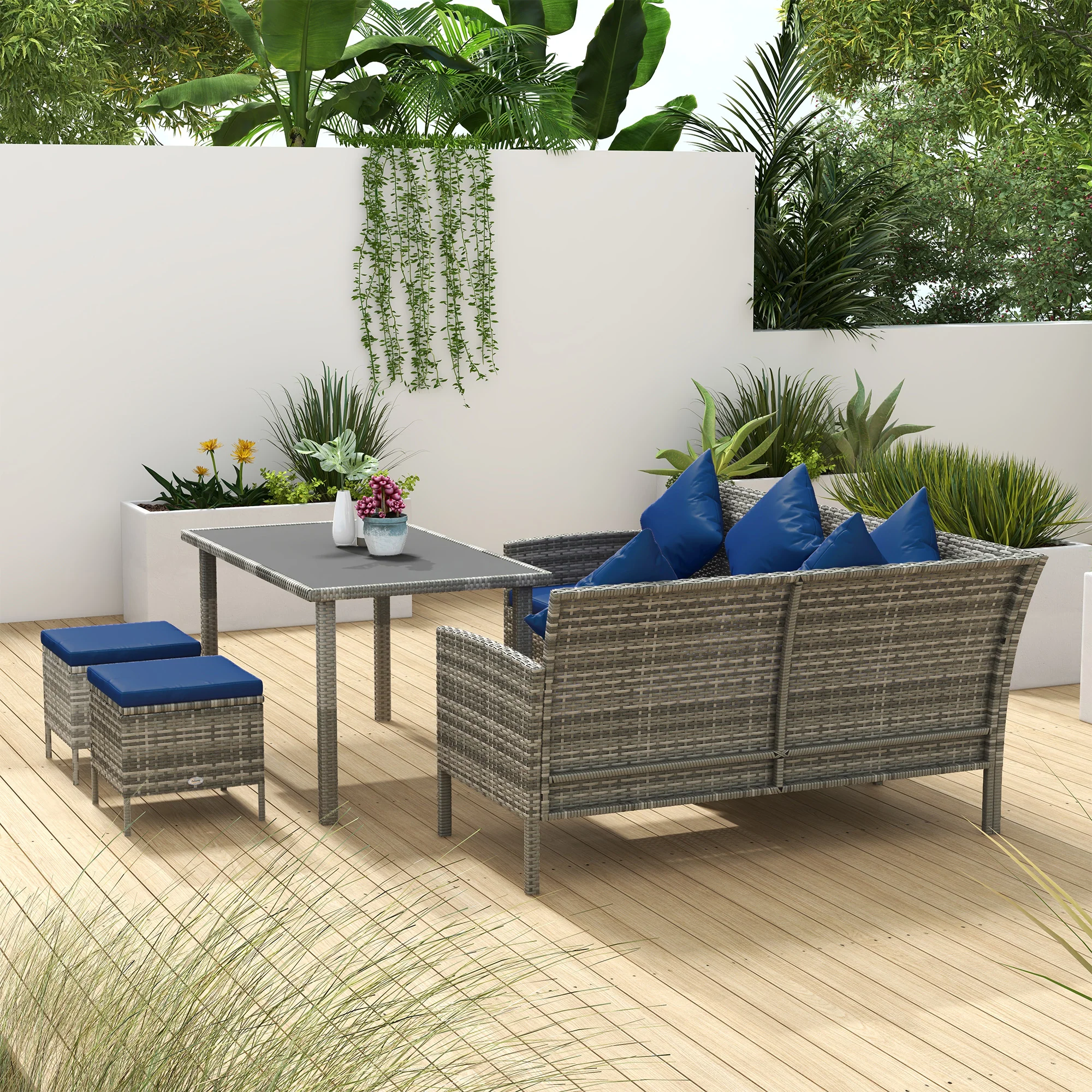 5 Piece Rattan Garden Furniture Set, 6 Seater Corner Dining Set, Dark Blue - Image 11