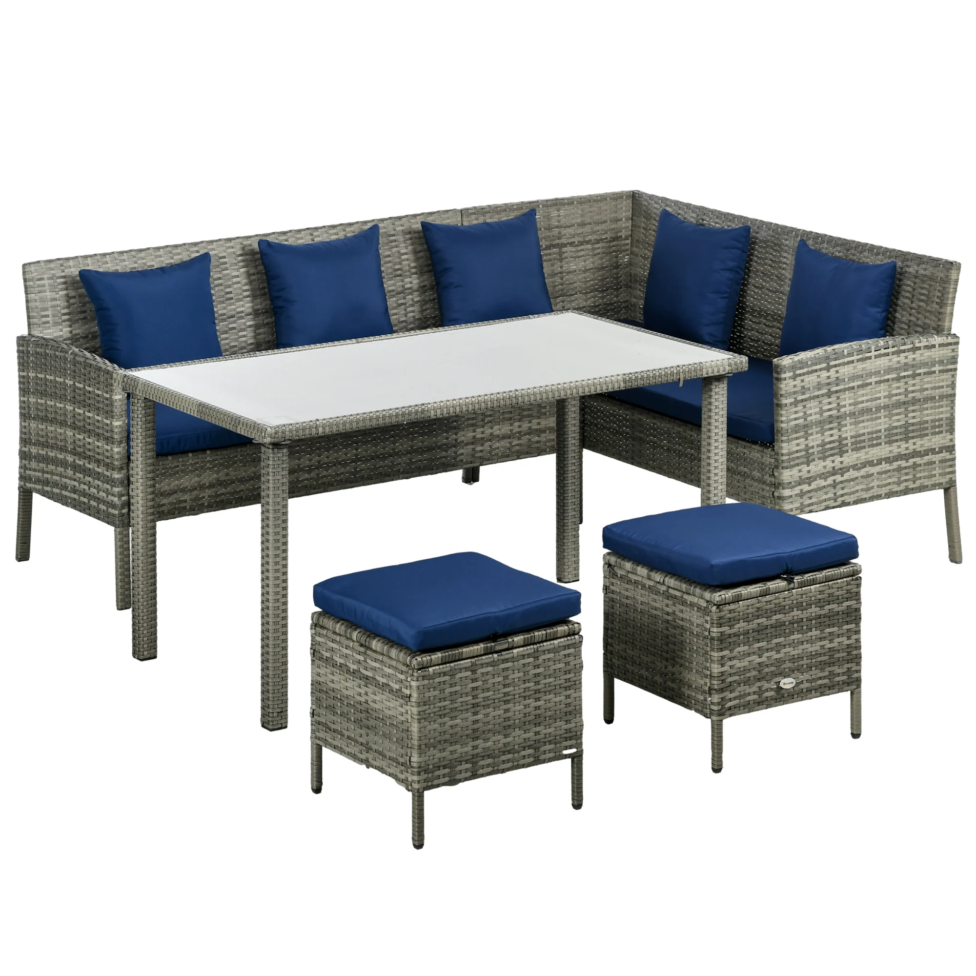 5 Piece Rattan Garden Furniture Set, 6 Seater Corner Dining Set, Dark Blue - Image 12
