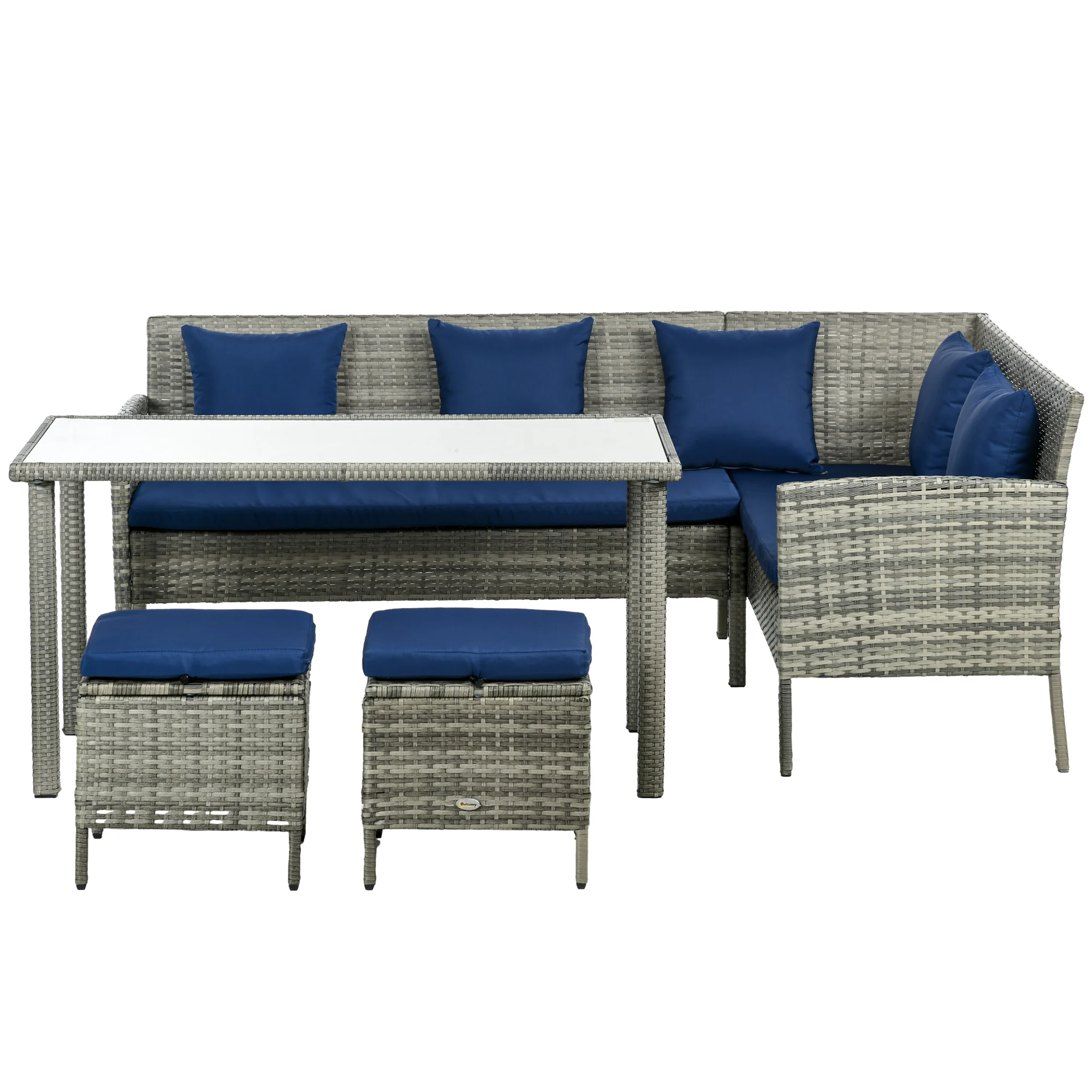 5 Piece Rattan Garden Furniture Set, 6 Seater Corner Dining Set, Dark Blue - Image 2