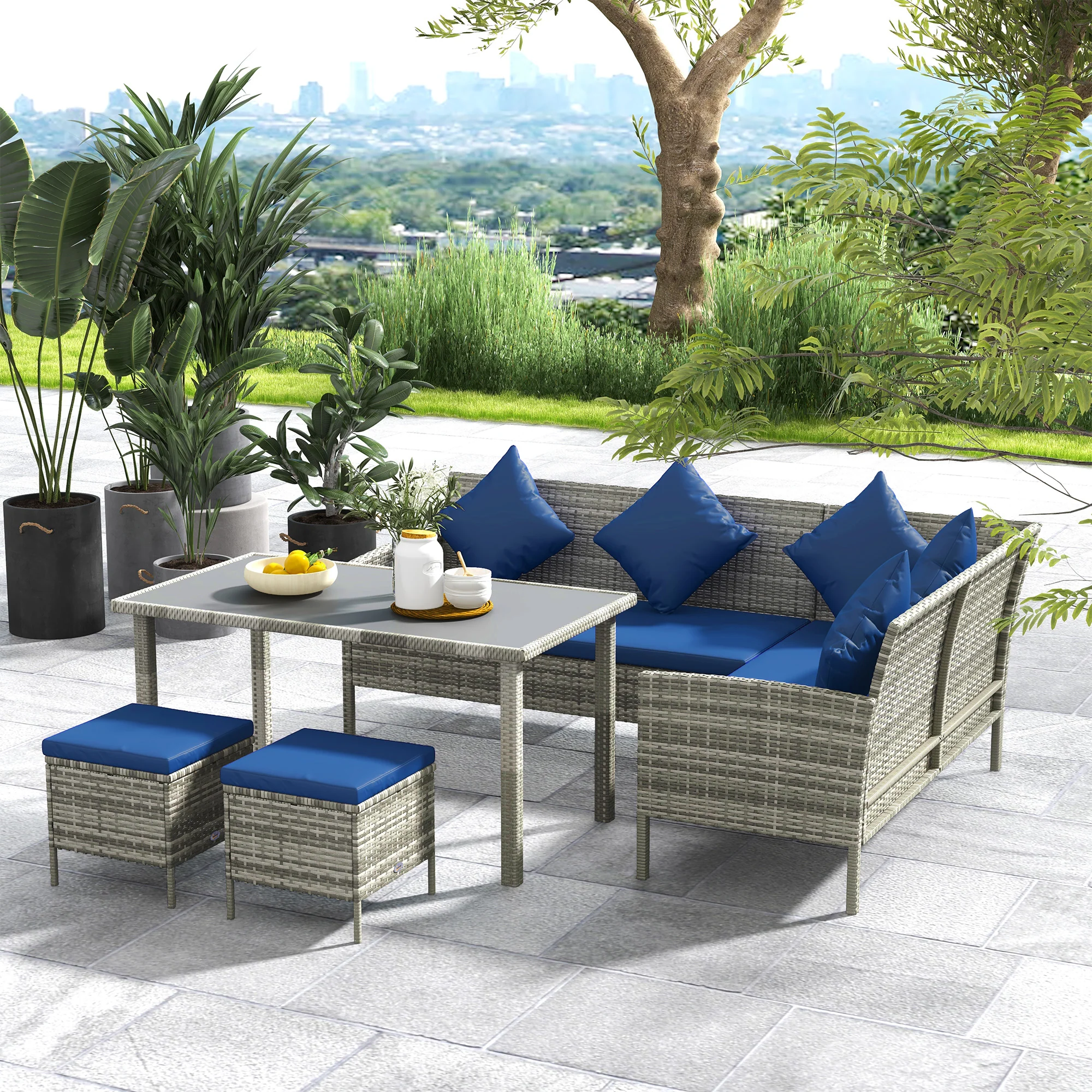 5 Piece Rattan Garden Furniture Set, 6 Seater Corner Dining Set, Dark Blue - Image 3