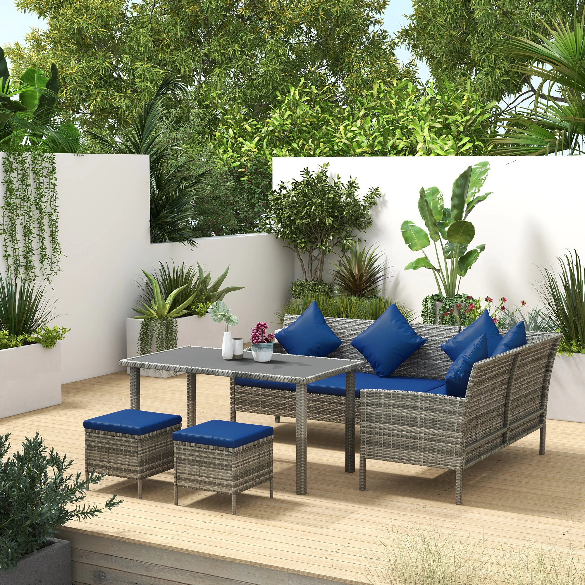 5 Piece Rattan Garden Furniture Set, 6 Seater Corner Dining Set, Dark Blue - Image 4