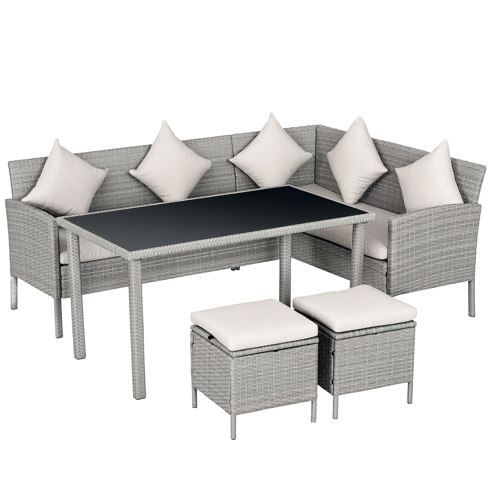 5 Piece Rattan Garden Furniture Set, 6 Seater Corner Dining Set, Beige