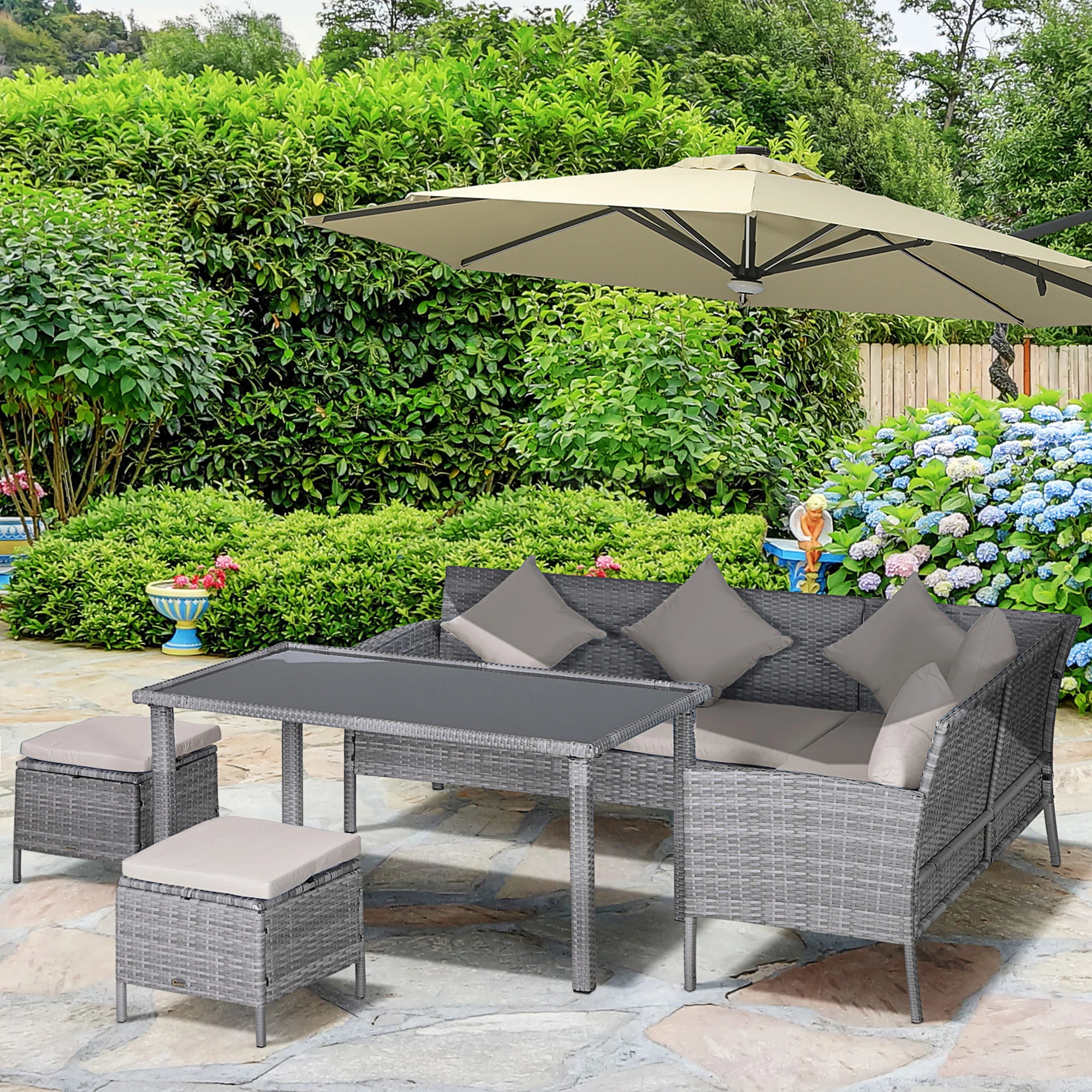 5 Piece Rattan Garden Furniture Set, 6 Seater Corner Dining Set, Beige - Image 3