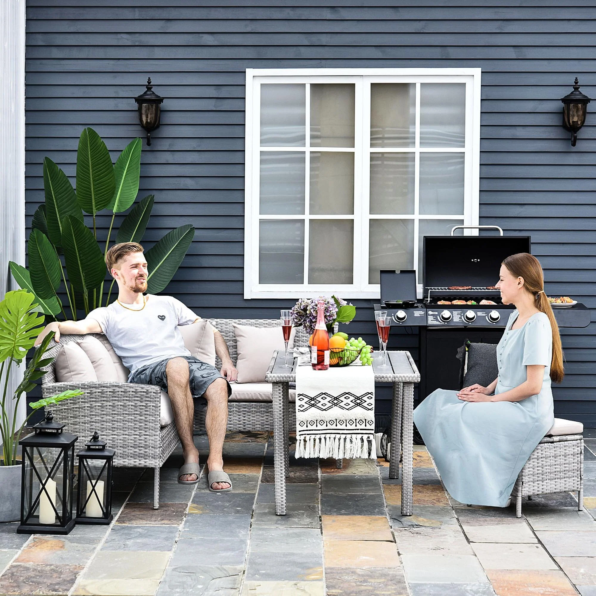 5 Piece Rattan Garden Furniture Set, 6 Seater Corner Dining Set, Beige - Image 4