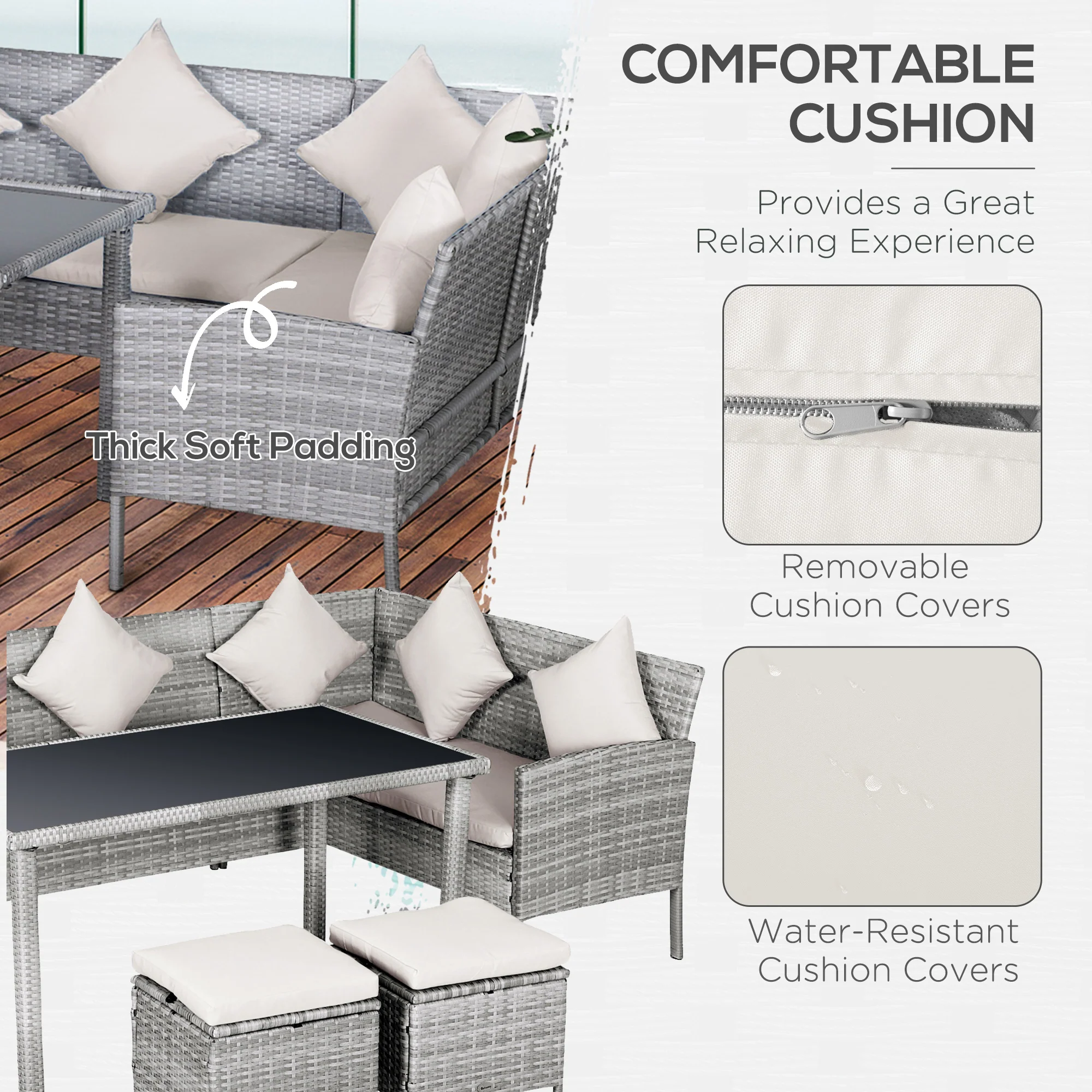 5 Piece Rattan Garden Furniture Set, 6 Seater Corner Dining Set, Beige - Image 7
