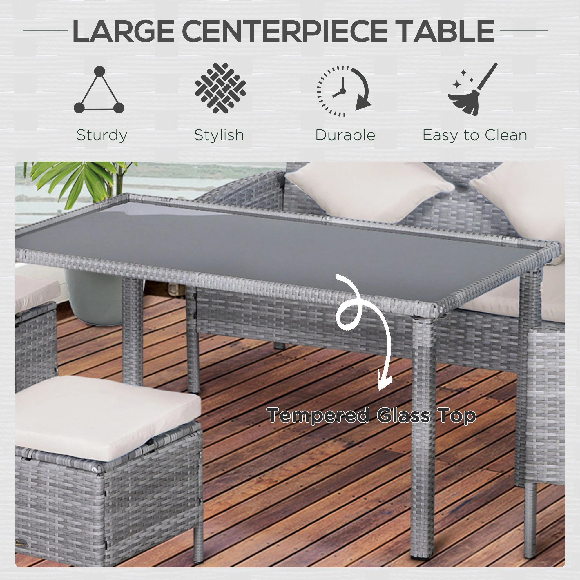 5 Piece Rattan Garden Furniture Set, 6 Seater Corner Dining Set, Beige - Image 9