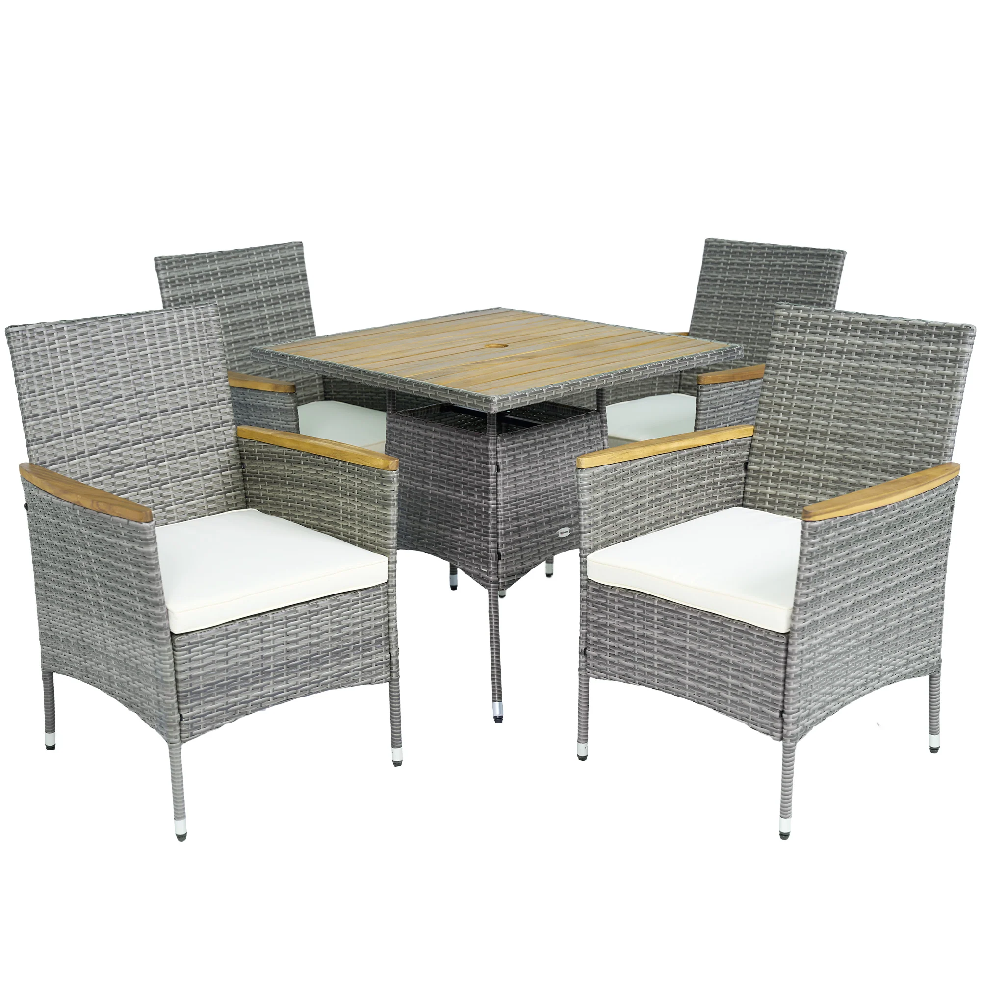 5 Piece Rattan Patio Dining Set with Umbrella Hole & Cushions for Garden Backyard, Teak - Image 12