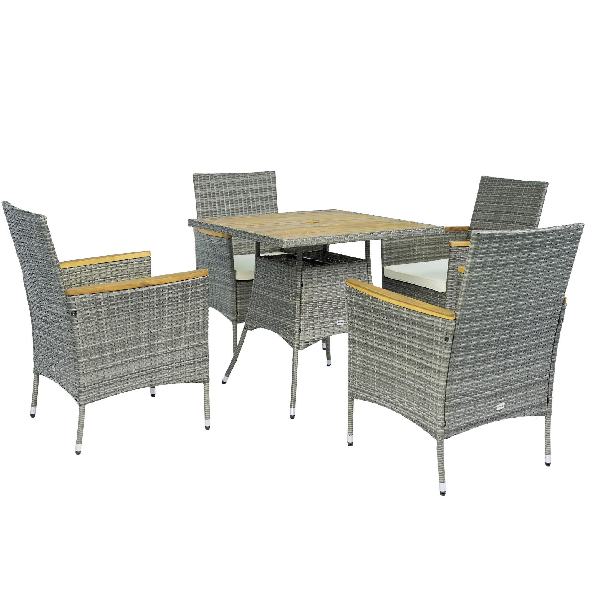 5 Piece Rattan Patio Dining Set with Umbrella Hole & Cushions for Garden Backyard, Teak - Image 2