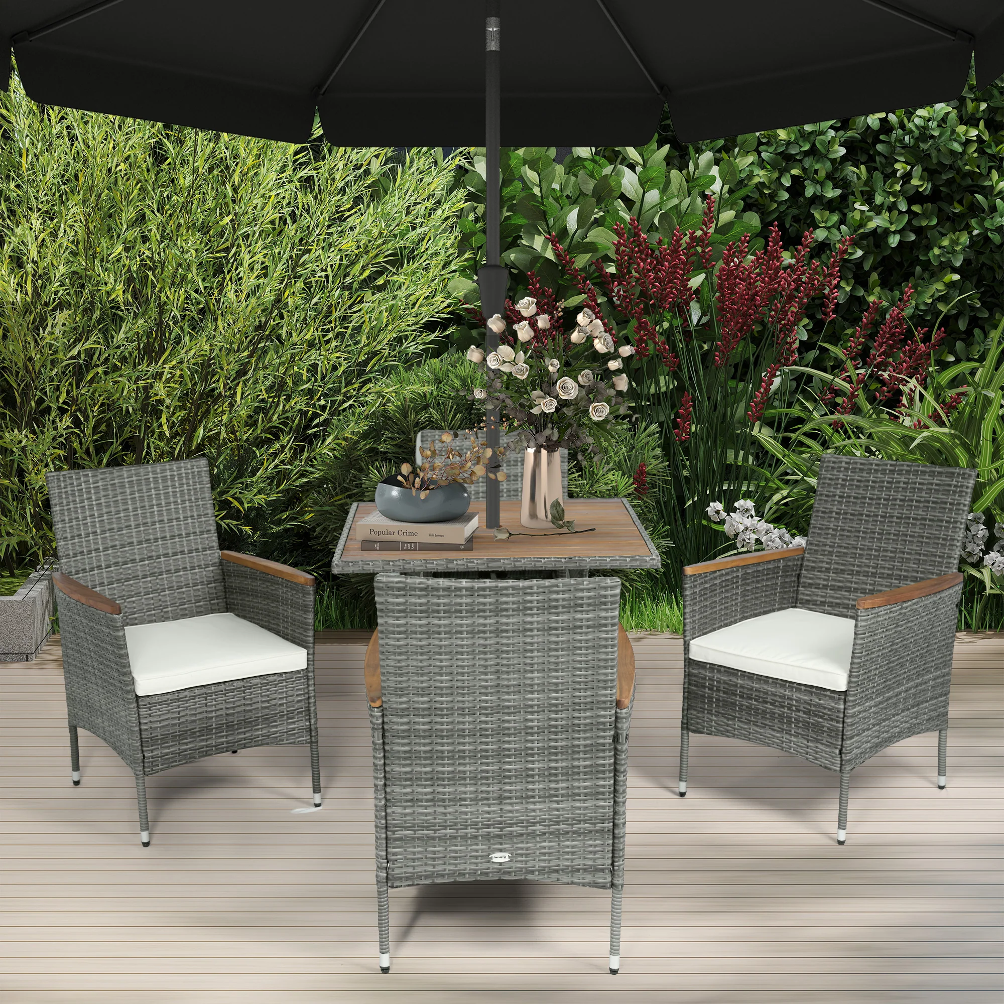 5 Piece Rattan Patio Dining Set with Umbrella Hole & Cushions for Garden Backyard, Teak - Image 3