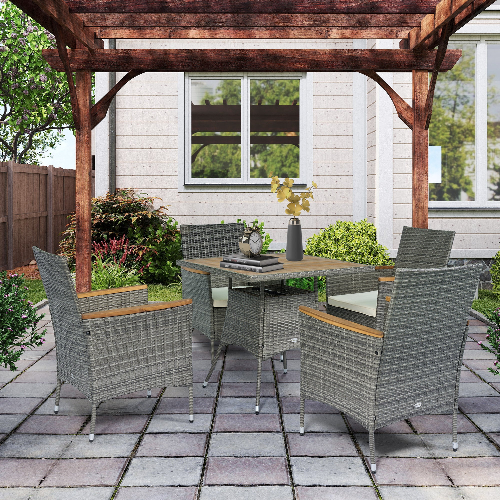 5 Piece Rattan Patio Dining Set with Umbrella Hole & Cushions for Garden Backyard, Teak - Image 4