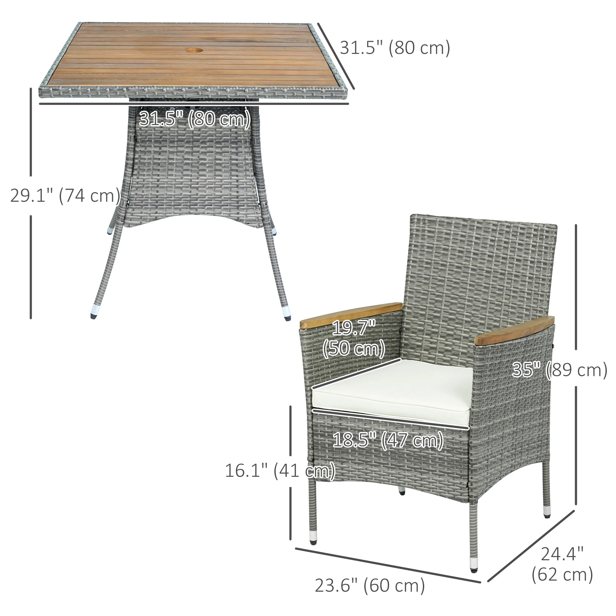 5 Piece Rattan Patio Dining Set with Umbrella Hole & Cushions for Garden Backyard, Teak - Image 5