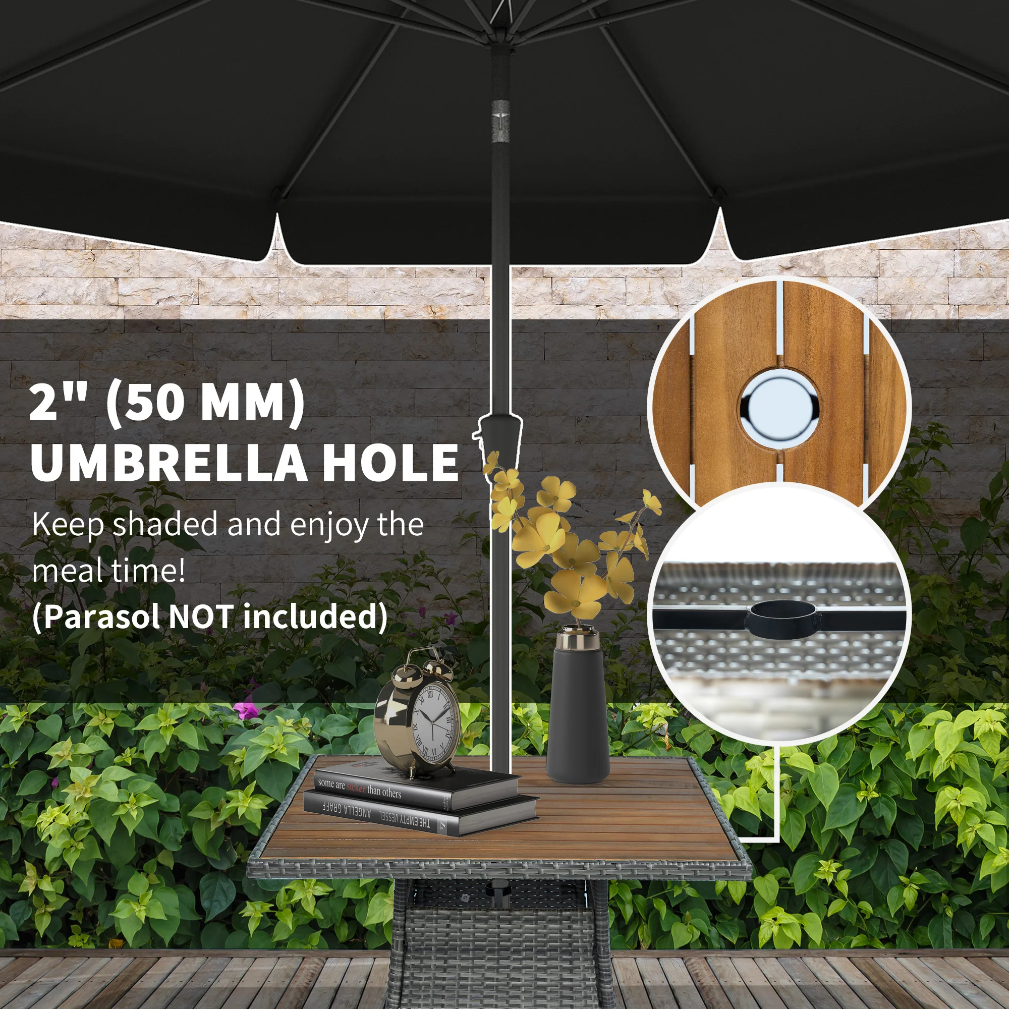 5 Piece Rattan Patio Dining Set with Umbrella Hole & Cushions for Garden Backyard, Teak - Image 7