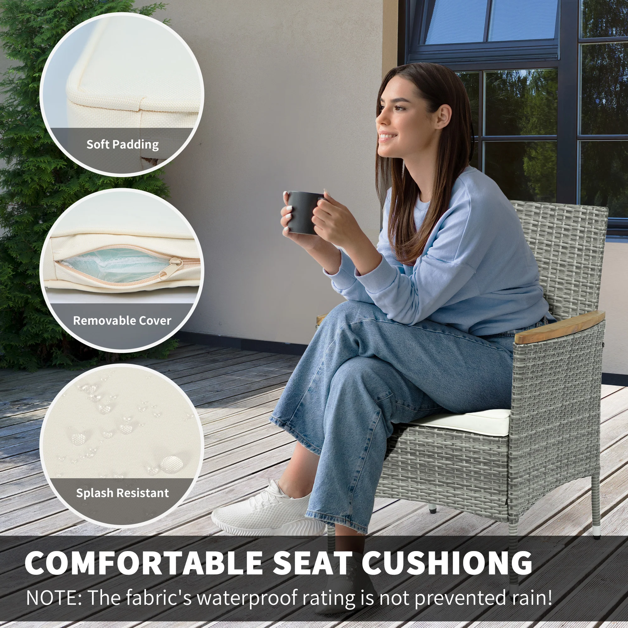 5 Piece Rattan Patio Dining Set with Umbrella Hole & Cushions for Garden Backyard, Teak - Image 9