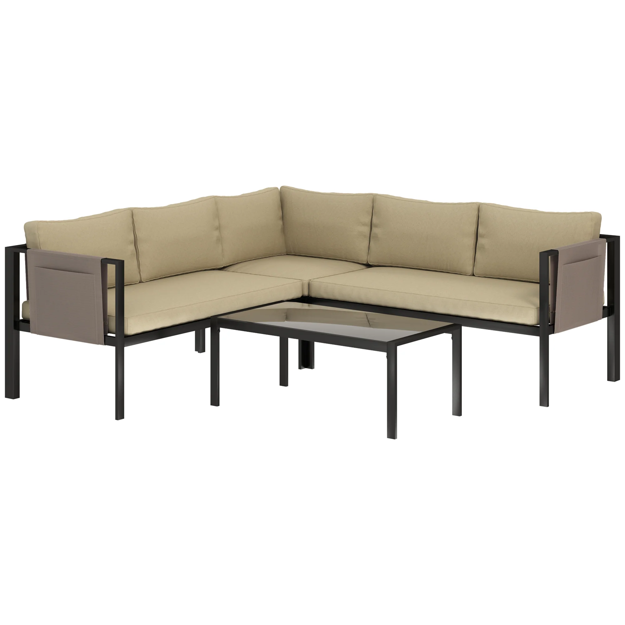5 Seater Outdoor Conversation Furniture w/ Loveseats, Coffee Table & Mesh Pocket, Khaki - Image 12